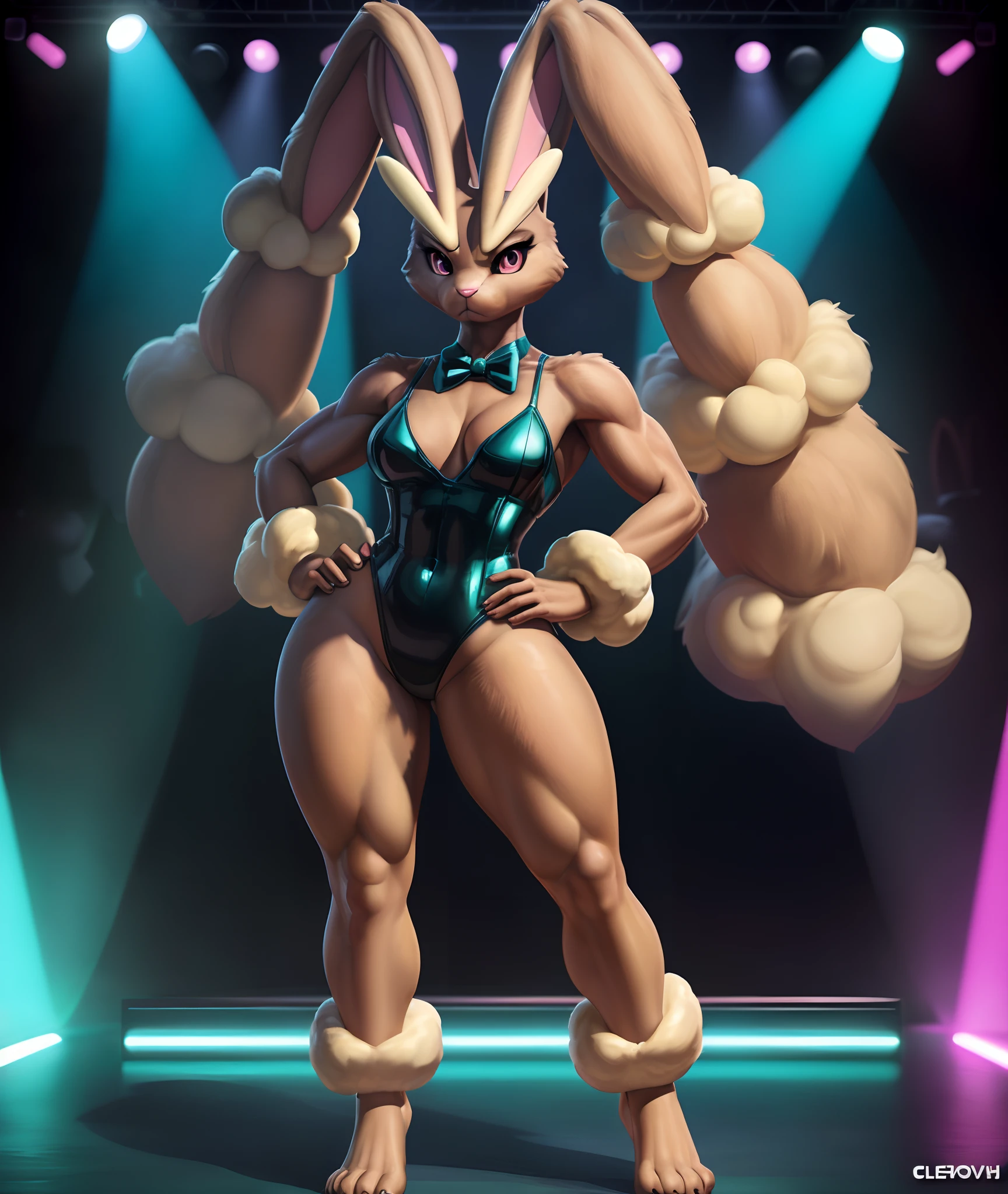 [pokemon; lopunny], [Uploaded to e621.net; (Foxovh), (Pixelsketcher), (mayosplash)], ((masterpiece)), ((HD)), ((High Quality)), ((solo portrait)), ((full body)), ((front view)), ((feet visible)), ((furry; anthro lop bunny girl)), ((detailed fur)), ((cel shading)), ((detailed shading)), ((beautiful render art)), ((cinematic lighting)), {(anthro pokemon; lopunny, brown fur, (long floppy bunny ears), (ears down back like hair), (small fluffy beige rabbit tail), (beige fur on feet), (frown), (angry), (expressionless), (long beige fluffy eyebrows), gorgeous hips, (defined muscles), (muscular legs), }, {(teal playboy bunny outfit), (teal leotard), (black bowtie)}, {(standing), (hand on hip), (looking at viewer)}, [background; (club), (stage), (neon lights), (ambient lighting)]