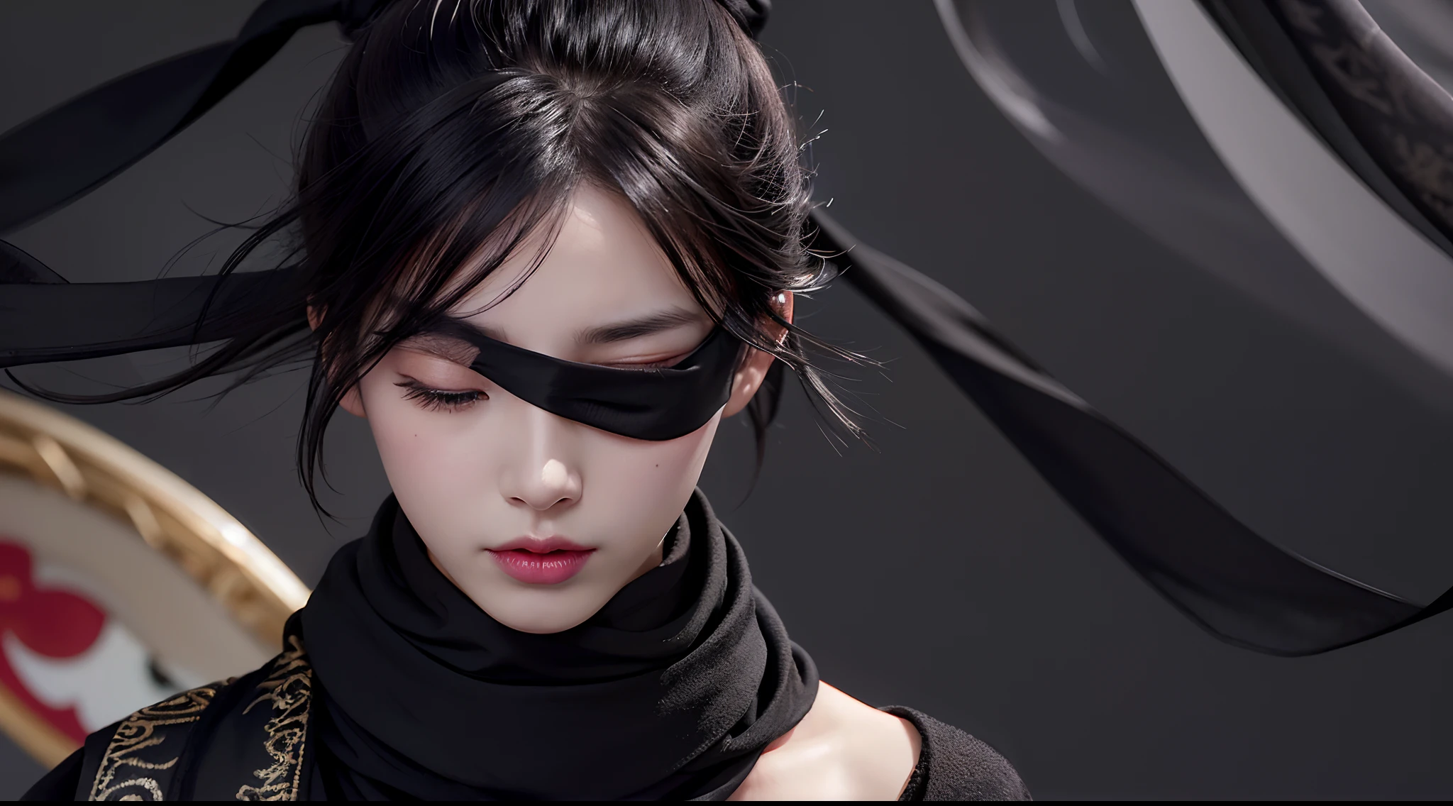 (highest image quality), (masterpiece), (vibrant, photography realistic, Realistic, Dramatic, Dark, Sharp focus, 8K), (a young girl standing in fighting), ((ponytail)), (eye hidden by black scarf:1.8) chinese costume, white and black hanfu, ((Taoist clothes)), traditional costume, Long black hair, (detailed face, lip, nose, rouge, eyeshadow, lipstick, gorgeous face), stunning beautiful chinese idol face, ((chinese war background:1.3)), (1girl), (solo), ((playing weapon in hand)), ((upper body shot)), ((hide eyes))