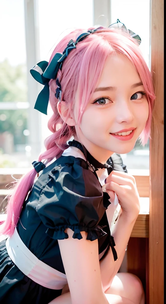 (ultra-detailliert), Cute princess dresses in black,(frilly dress),(shortsleeves),Blue eyes,The upper part of the body、a closeup、faces、(A smile:1.5),(facing front:1.2), 20yr old, teens girl,no tail,(no tail),2D, ​masterpiece, top-quality, Band Group Vocals, a closeup,  Stand Microphone, Mouth open, A detailed eye, A detailed face, girl with, Only 1 person,Pink Hair Medium Hair, (Pink hair),  Ear Hair, small tits, Single braid, (Single braid), (Side braid), Pink ribbon, Ribbon around the neck, (White sleeves), Background bokeh