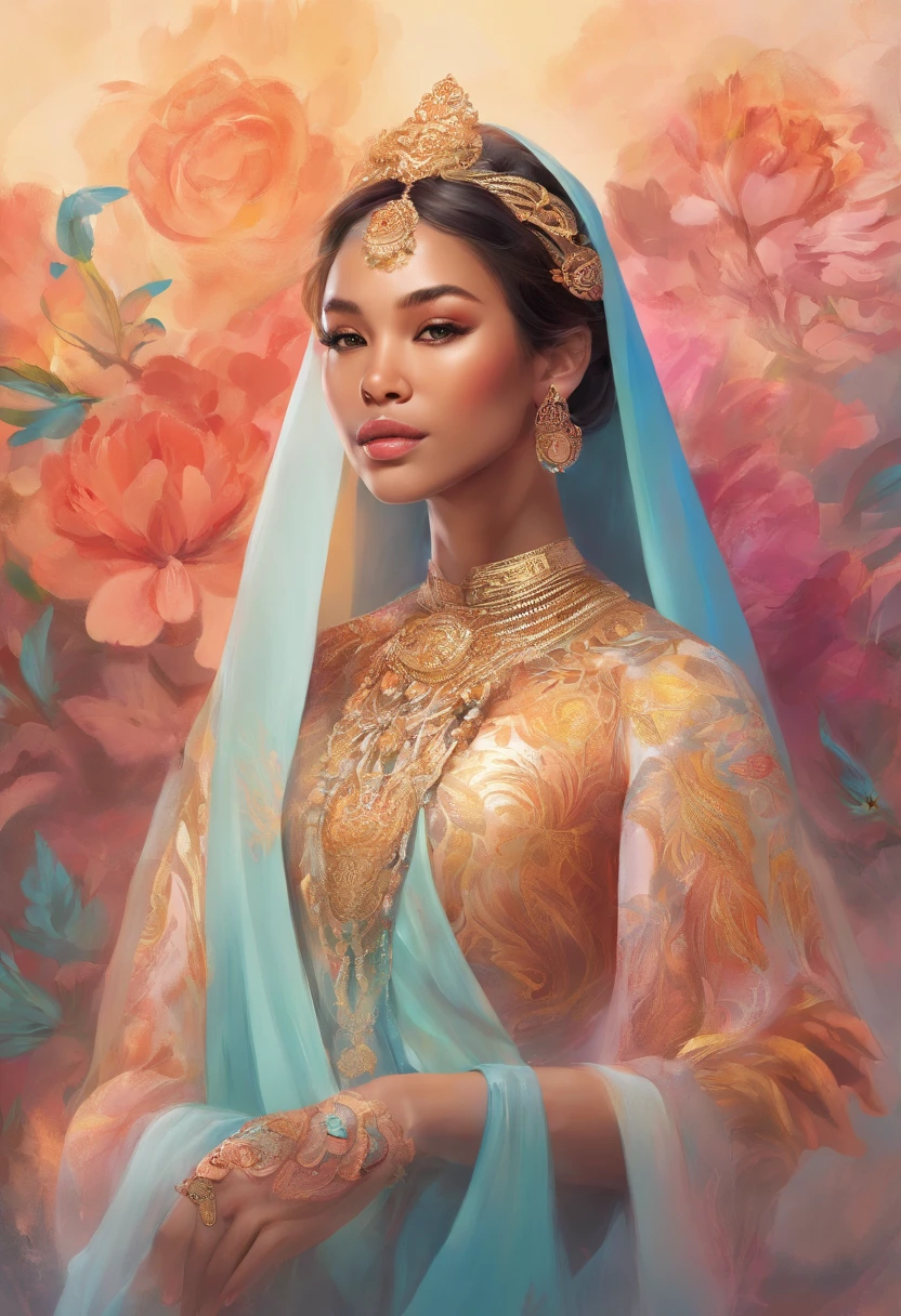 Design a cover celebrating the Malay woman as an icon of inclusivity in the fashion world. She models diverse outfits from different cultures, promoting unity through style.