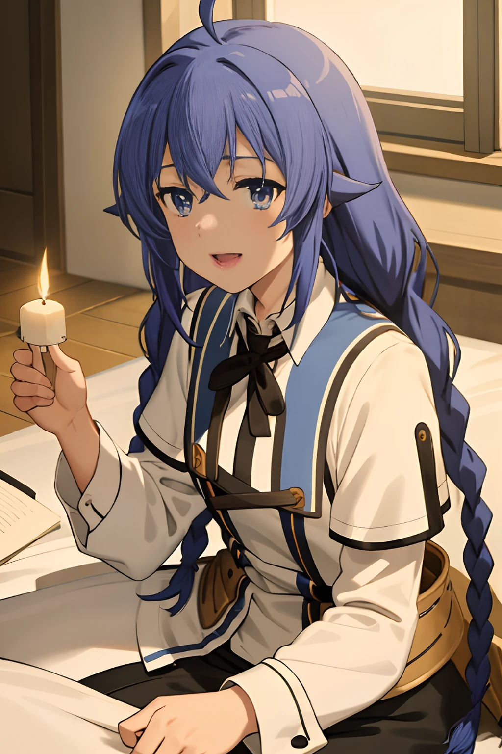 best quality, (masterpiece:1.2), detailed,
1girl, solo, open mouth, light smile,
twin braids, long hair, blue hair, ahoge, blue eyes,
white shirt, collared shirt,
sitting, on bed, looking at the viewer,
indoors, candle