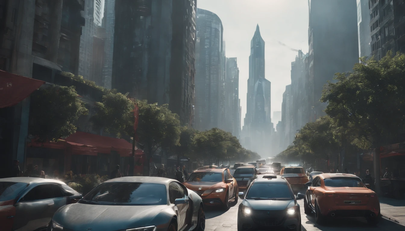 ((masterpiece)),((best quality)),((high detail)),((realistic,)) Futurist era city 2099, architectural streets, bazaars, Cars futuristic, cyberpunk, buildings futuristic, High ways, middays, plant futuristic