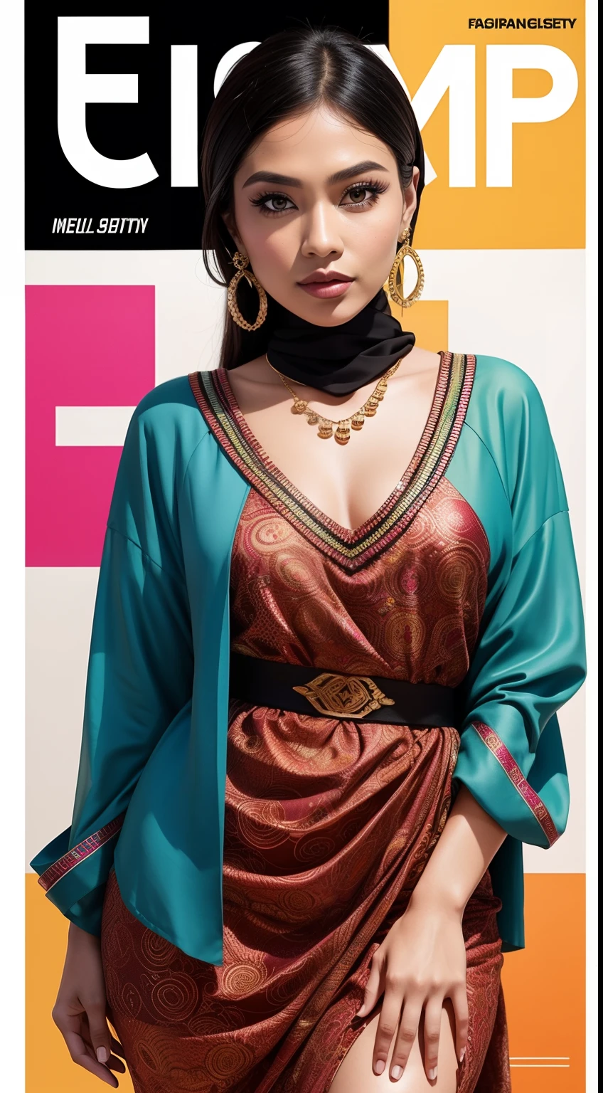 Design a cover celebrating the Malay woman as an icon of inclusivity in the fashion world. She models diverse outfits from different cultures, promoting unity through style.