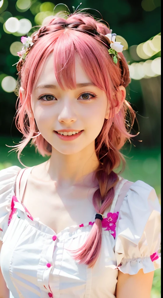 (ultra-detailliert), Cute princess dresses in pink color,(frilly dress),(shortsleeves),Blue eyes,The upper part of the body、a closeup、faces、(A smile:1.5),(facing front:1.2), 20yr old, teens girl,no tail,(no tail),2D, ​masterpiece, top-quality, Band Group Vocals, a closeup,  Stand Microphone, Mouth open, A detailed eye, A detailed face, girl with, Only 1 person,Pink Hair Medium Hair, (Pink hair),  Ear Hair, small tits, Single braid, (Single braid), (Side braid), Pink ribbon, Ribbon around the neck, (White sleeves), Background bokeh