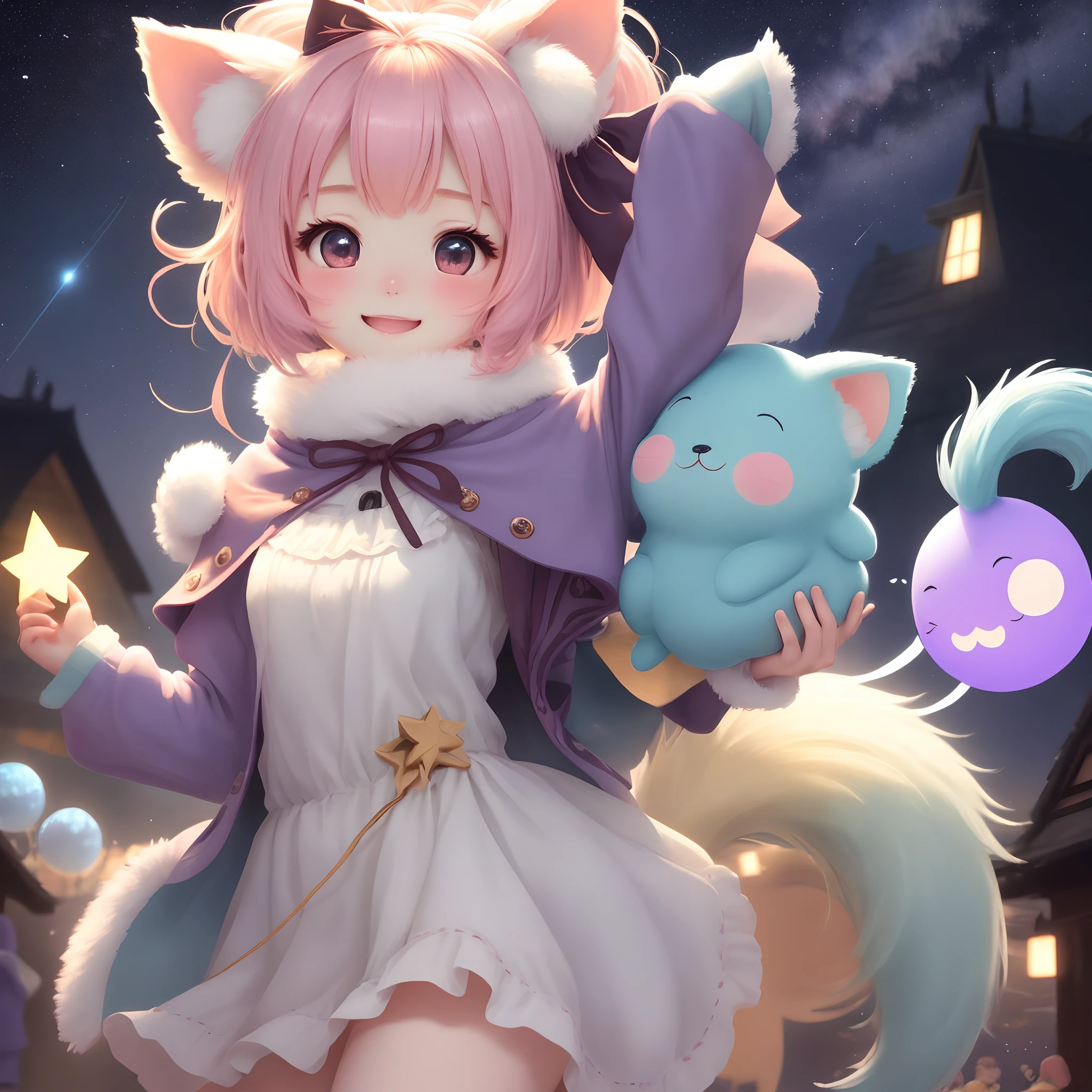 **outward appearance**：
-shape：rounded and fluffy small animal-like figure,。
-hue：For a body based on white、Bright pink or light blue accents。
-eye：With big eyes、The center is star-shaped。Has a sparkling expression。
-body：Small and fluffy fur。It has short limbs.、The tail is fluffy。
-feature：the ear area is abnormally large,、It is characteristic。You can use its ears to fly。

**Personality and traits**：
-nature：Bright and curious。It's a bit of a jerk, but、That doji is cute。
- Likes：Flying、Looking at the stars、Time with friends。
-stunt：With big ears、You can feel the wind。pure、Able to fly only for a short time。
-word：「kirakira」and「fuwafuwa」Such as、Often use words that describe her characteristics。

**Background Story**：
Lumy、Mysterious creatures living in the night sky。She、To feel the light and wind on the ground、Occasional visits to the ground。その際、Her ears sparkle like stars in the night。Through meeting friends on earth and through adventures、She learns from different emotions and experiences。