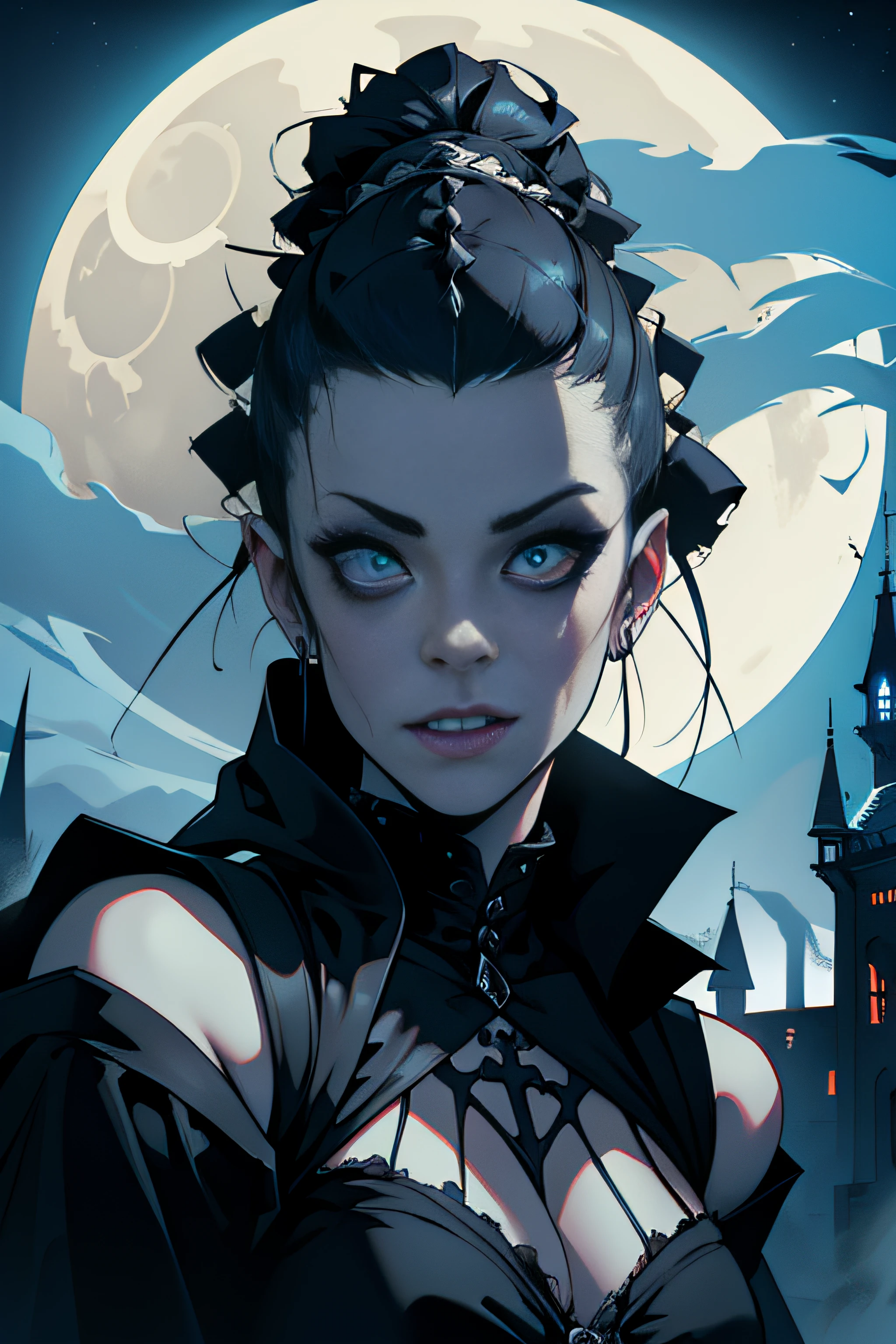 (Masterpiece, Best Quality), 8k Wallpaper, highly detailed, bride of frankenstein, gothic, horror, castle, night, moonlight, vector style art. movie poster, horror themed, horror movie poster, titles.