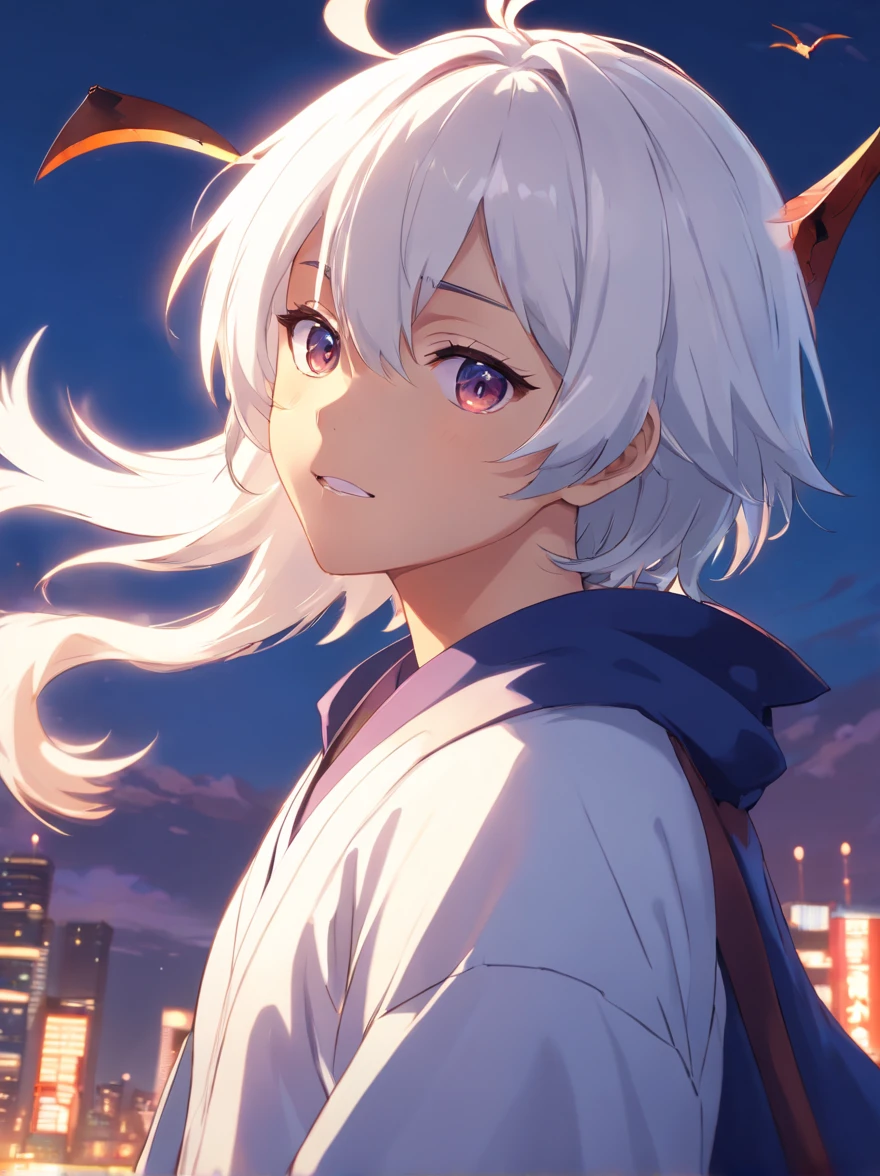 anime boy ((white hair)) with a bat on his shoulder and a demon on his shoulder, epic anime style, anime artstyle, high quality anime artstyle, demon boy, anime art style, in anime style, anime wallaper, male anime style, anime style. 8k, realistic anime artstyle, in an anime style, anime boy, style anime, anime wallpaper 4k