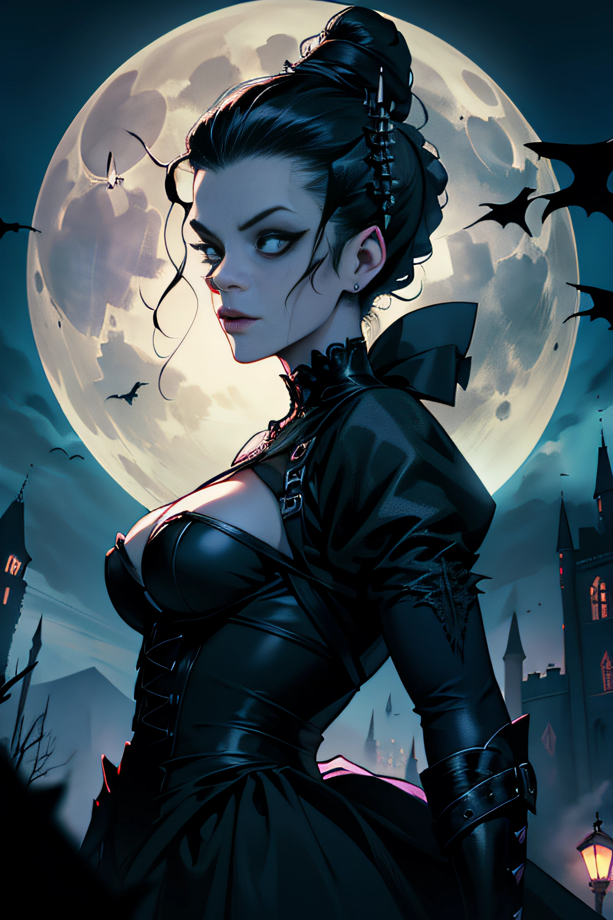 (Masterpiece, Best Quality), 8k Wallpaper, highly detailed, bride of frankenstein, gothic, horror, castle, night, moonlight, vector style art. movie poster, horror themed, horror movie poster, titles.