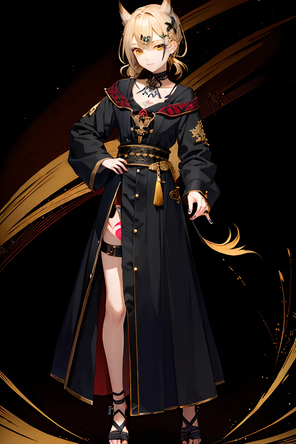 Kurohaori 1.8、Full body like、Glaring Face、Black clothe、top-quality, masterpiece, 电影灯光, with an intricate, Detailed realistic background of the movie, A detailed face, full body Esbian, tiny chest, realisitic, Ligneclair,face tattoo、
1girl in、natta、No band、looking at the viewers、tattooed、model poses、ring-shaped yellow eyes、Blonde hair、