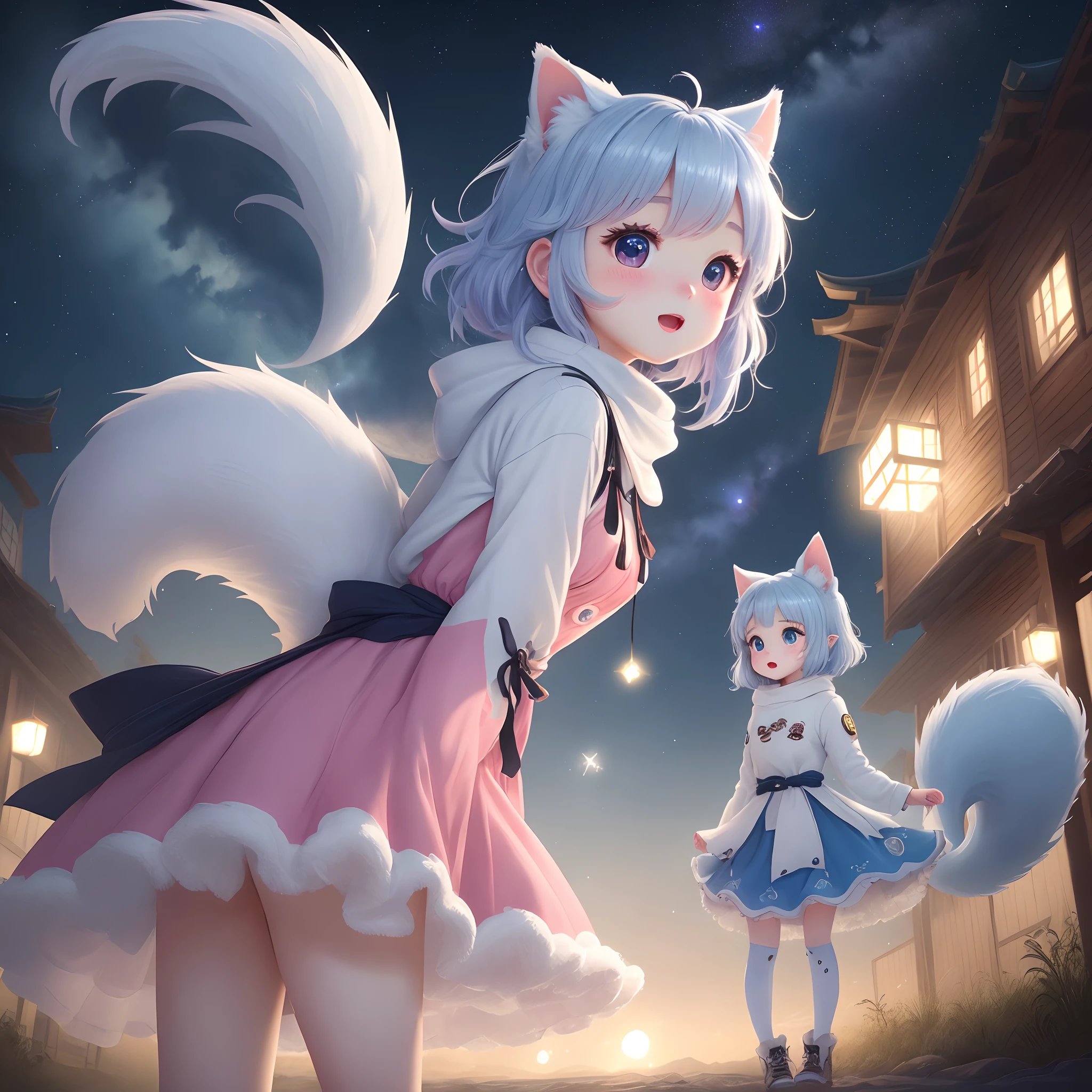 **outward appearance**:
-shape:rounded and fluffy small animal-like figure,。
-hue:For a body based on white、Bright pink or light blue accents。
-eye:With big eyes、The center is star-shaped。Has a sparkling expression。
-body:Small and fluffy fur。It has short limbs.、The tail is fluffy。
-feature:the ear area is abnormally large,、It is characteristic。You can use its ears to fly。
**Personality and traits**:
-nature:Bright and curious。It's a bit of a jerk, but、That doji is cute。
- Likes:Flying、Looking at the stars、Time with friends。
-stunt:With big ears、You can feel the wind。pure、Able to fly only for a short time。
-word:「kirakira」and「fuwafuwa」Such as、Often use words that describe her characteristics。
**Background Story**:
Lumy、Mysterious creatures living in the night sky。She、To feel the light and wind on the ground、Occasional visits to the ground。その際、Her ears sparkle like stars in the night。Through meeting friends on earth and through adventures、She learns from different emotions and experiences。