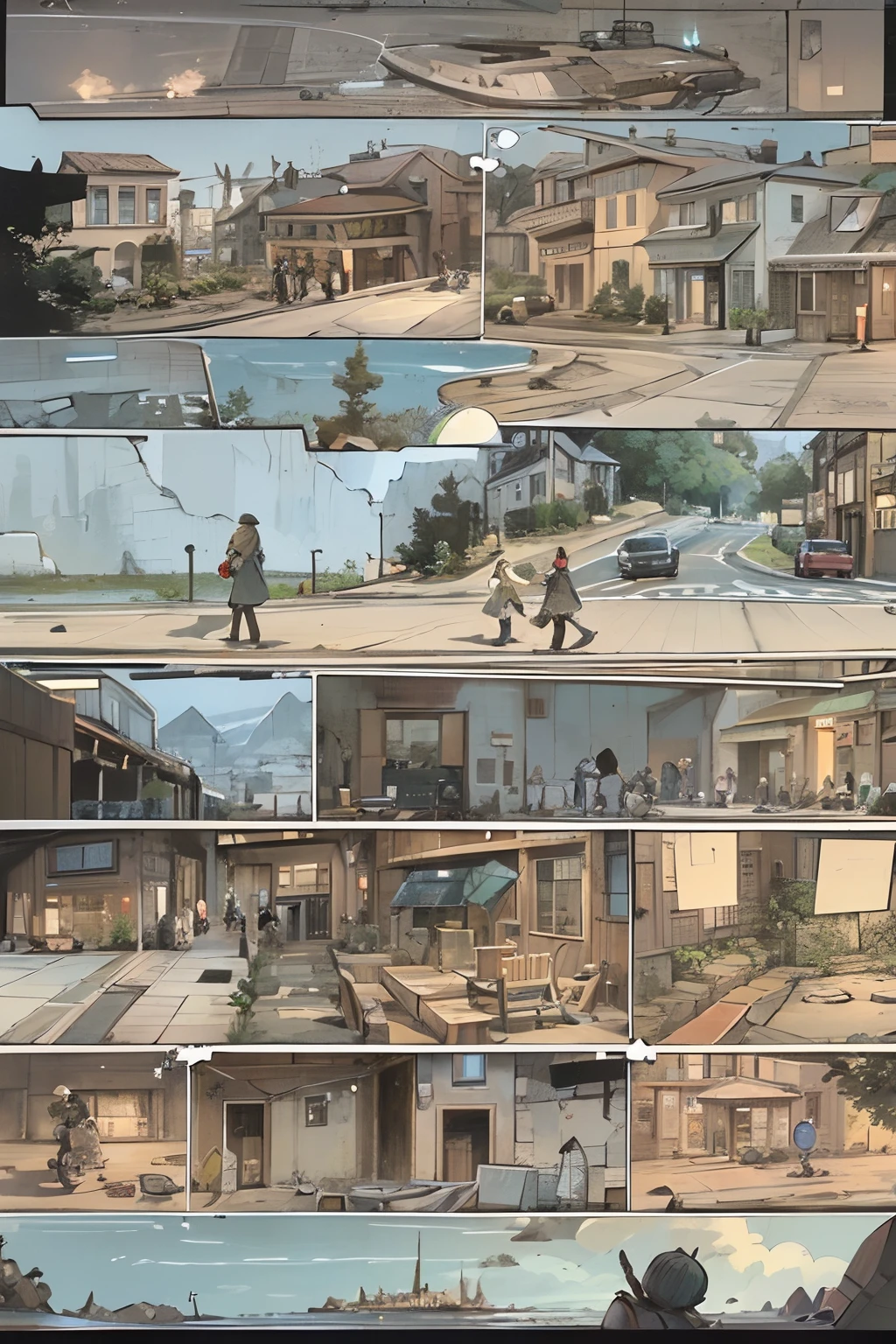 comic strip，Cartoon Split（4 or 5 or 6 tiles），Storyboard，Masterpiece, Quiet street in a small town，The houses on both sides of the road look ordinary，People live a peaceful life。sudden，A spaceship fell from the sky，Falls in the middle of the street。 Enhanced detail.