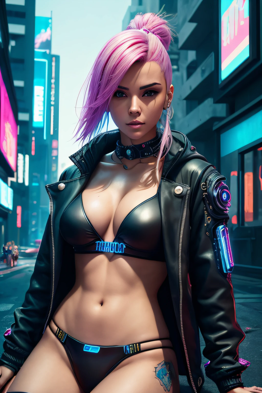 (Body Portrait)、Woman in blue bikini and black jacket sitting on street, cyberpunk art style, cyberpunk 2 0 y. o Model girl, hyper-realistic cyberpunk style, cyberpunk vibe, Cyberpunk style , hyper realisitic, cyberpunk beautiful girl, cyberpunk art ultrarealistic 8k, Cyberpunk Girl, Cyberpunk Art, female cyberpunk anime girl, In a cyber-punk style, cyberpunk judy alvarez、Body Portrait、Blonde hair