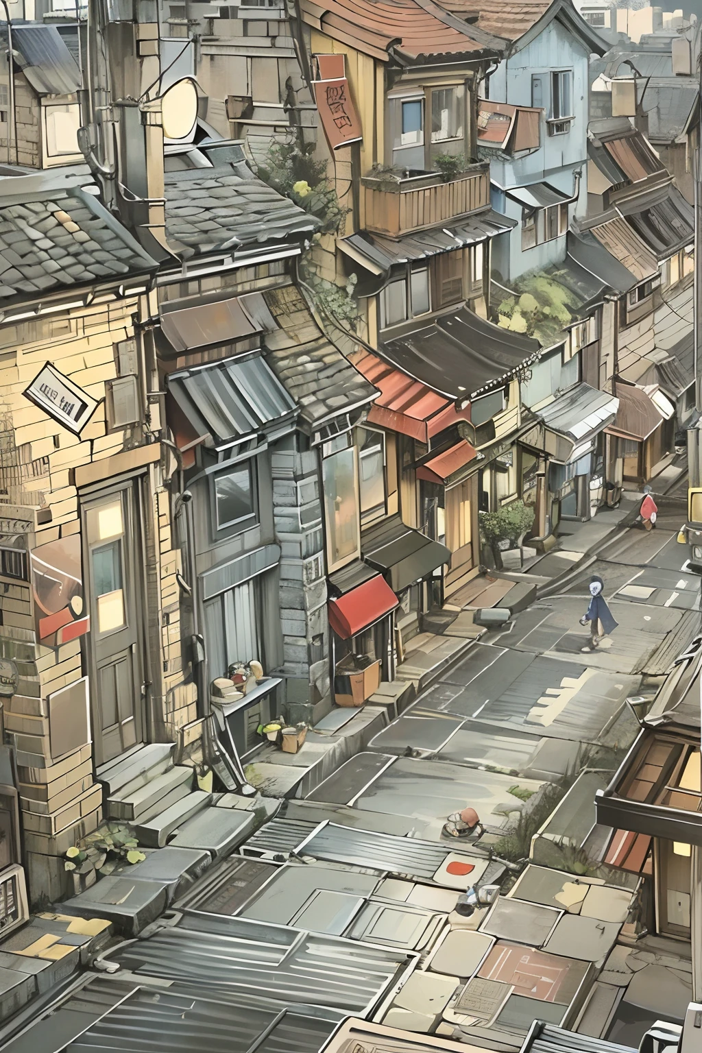 comic strip，Cartoon Split（4 or 5 or 6 tiles），Storyboard，Masterpiece, Quiet street in town，The houses on both sides of the road look ordinary，People live a peaceful life。sudden，A spaceship fell from the sky，Falls in the middle of the street。 Enhanced detail.