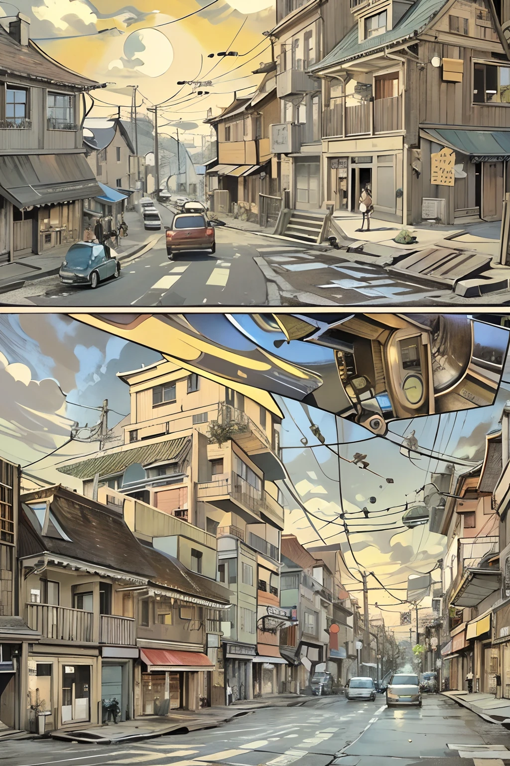 comic strip,Cartoon Split(4 or 5 or 6 tiles),Storyboard,Masterpiece, Quiet street in town,The houses on both sides of the road look ordinary,People live a peaceful life。sudden,A spaceship fell from the sky,Falls in the middle of the street。 Enhanced detail.