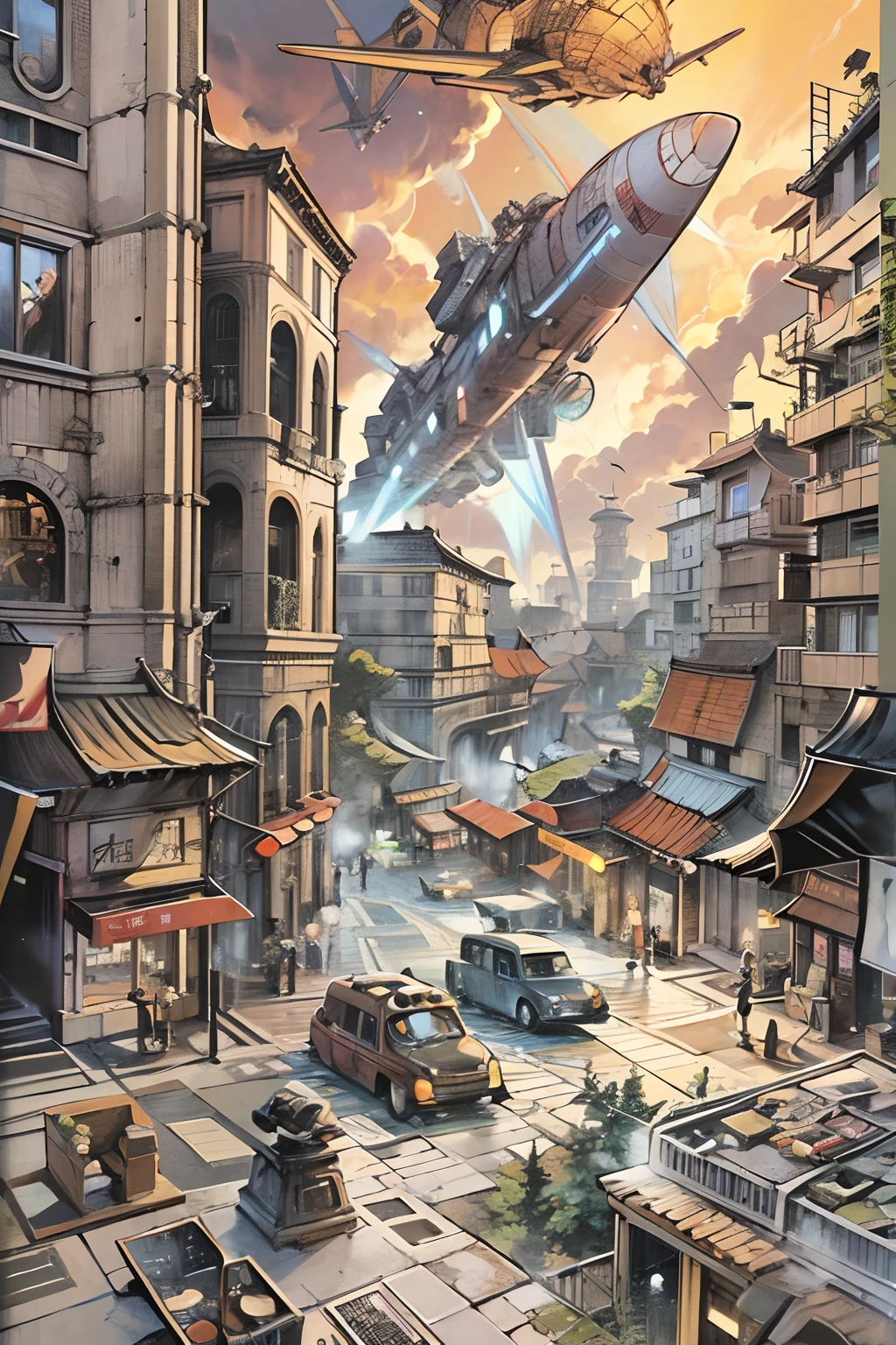 comic strip，Cartoon Split（4 or 5 or 6 tiles），Storyboard，Masterpiece, 。sudden，A spaceship fell from the sky，Falls in the middle of the street。 Enhanced detail