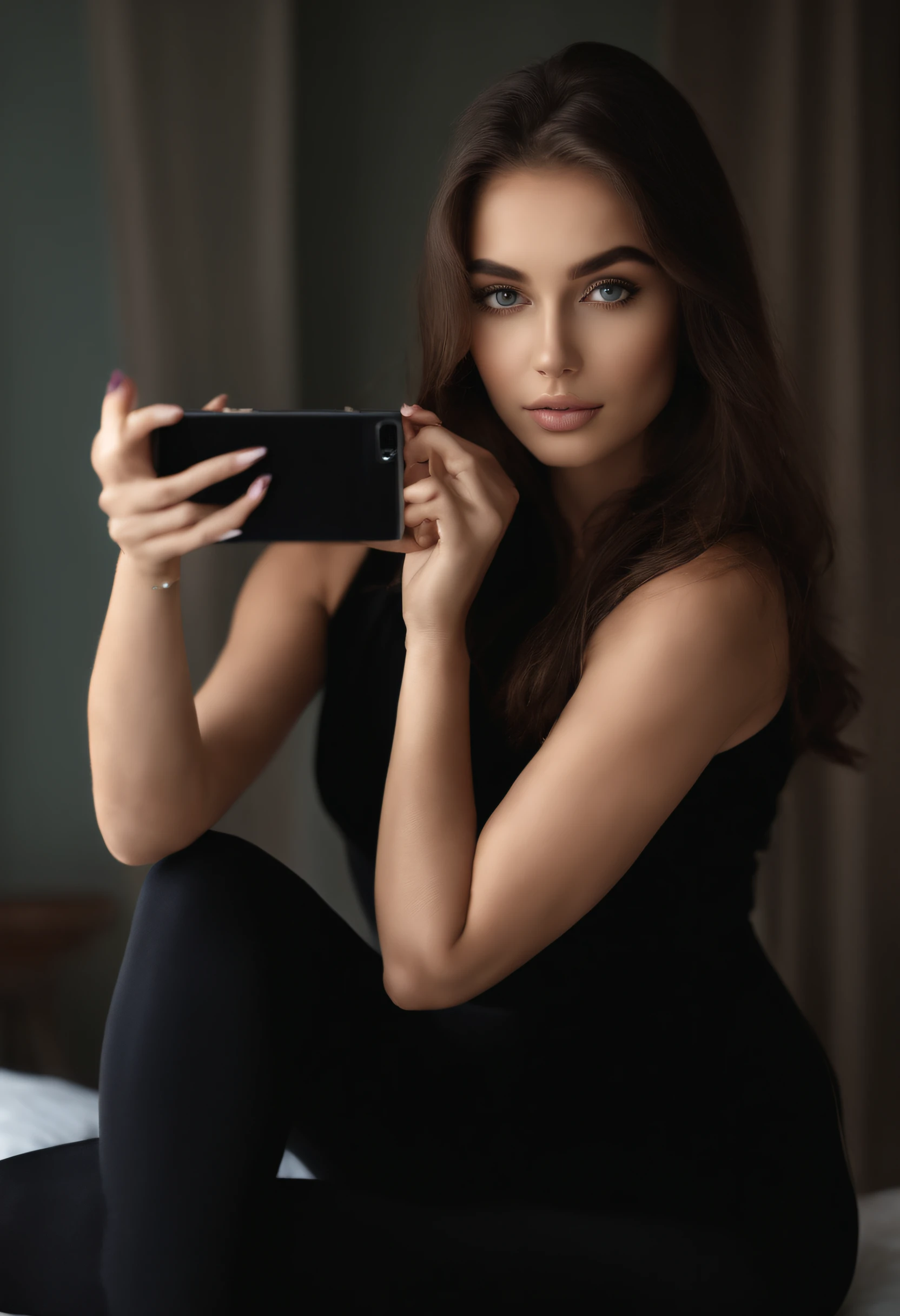 Arafed woman with black clothes, fille sexy aux yeux bleu, Portrait Sophie Mudd, cheveux bruns et grands yeux, selfie of a young woman, Yeux de chambre, Violet Myers, sans maquillage, maquillage naturel, looking straight at camera, Visage avec Artgram, Maquillage subtil, Superbe photo du corps entier, dans la chambre, clivage