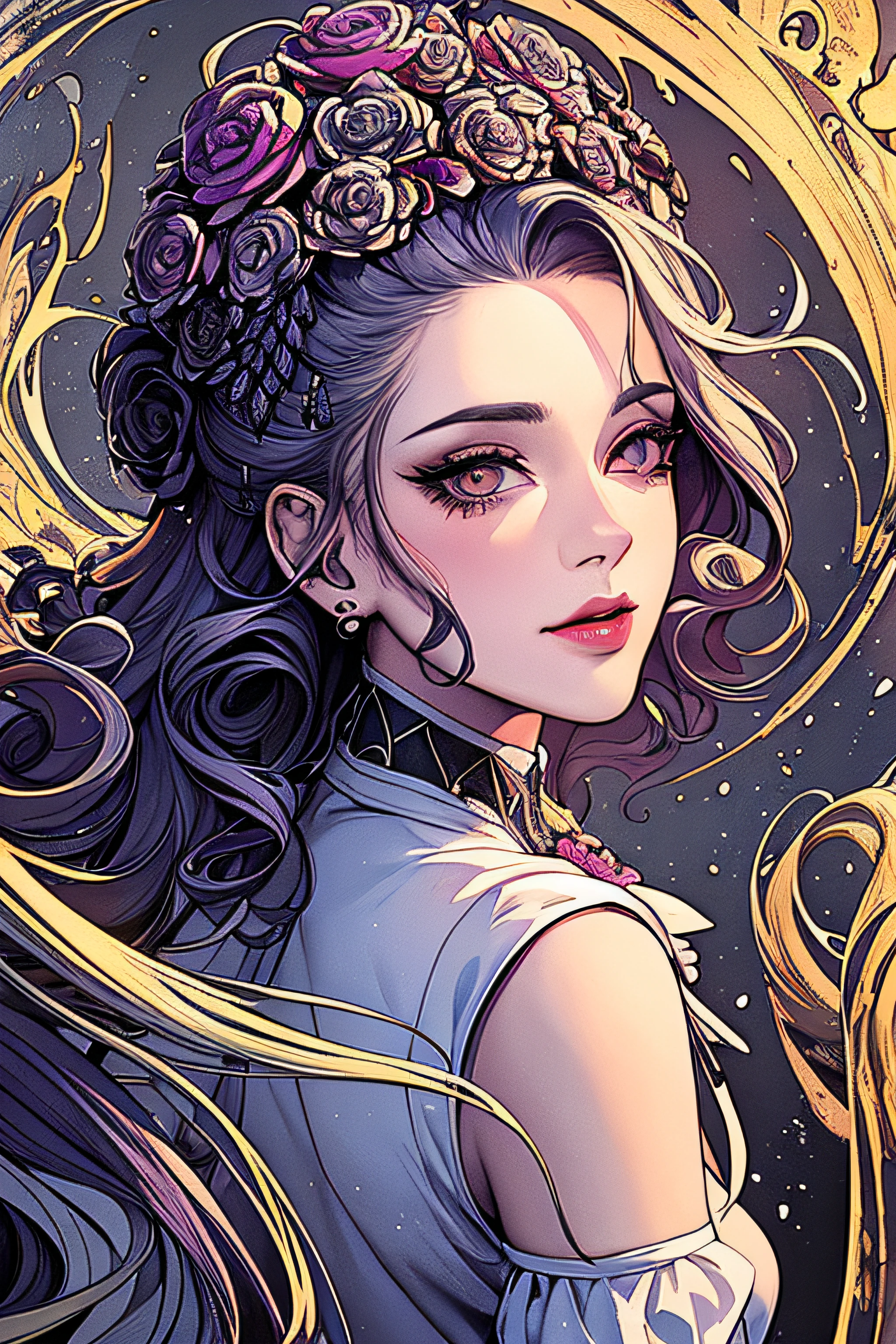 (masterpiece、top-quality、top-quality、watercolor paiting(Curly)、Official art、Beautifully Aesthetic:1.2)、(1girl in:1.3)、(Fractal Art:1.3)、(white dress)、The upper part of the body、From Side、looking at the viewers、patterns、Flowers and Birds Fugetsu、Yuki、castle、clouds、lantern、starrysky、stele、(Masterpiece, Best Quality), 8k Wallpaper, highly detailed, sexy female bride of frankenstein, gothic horror, graveyard, skulls, night, moonlight, vector style art, erotic, movie poster style, lettering.