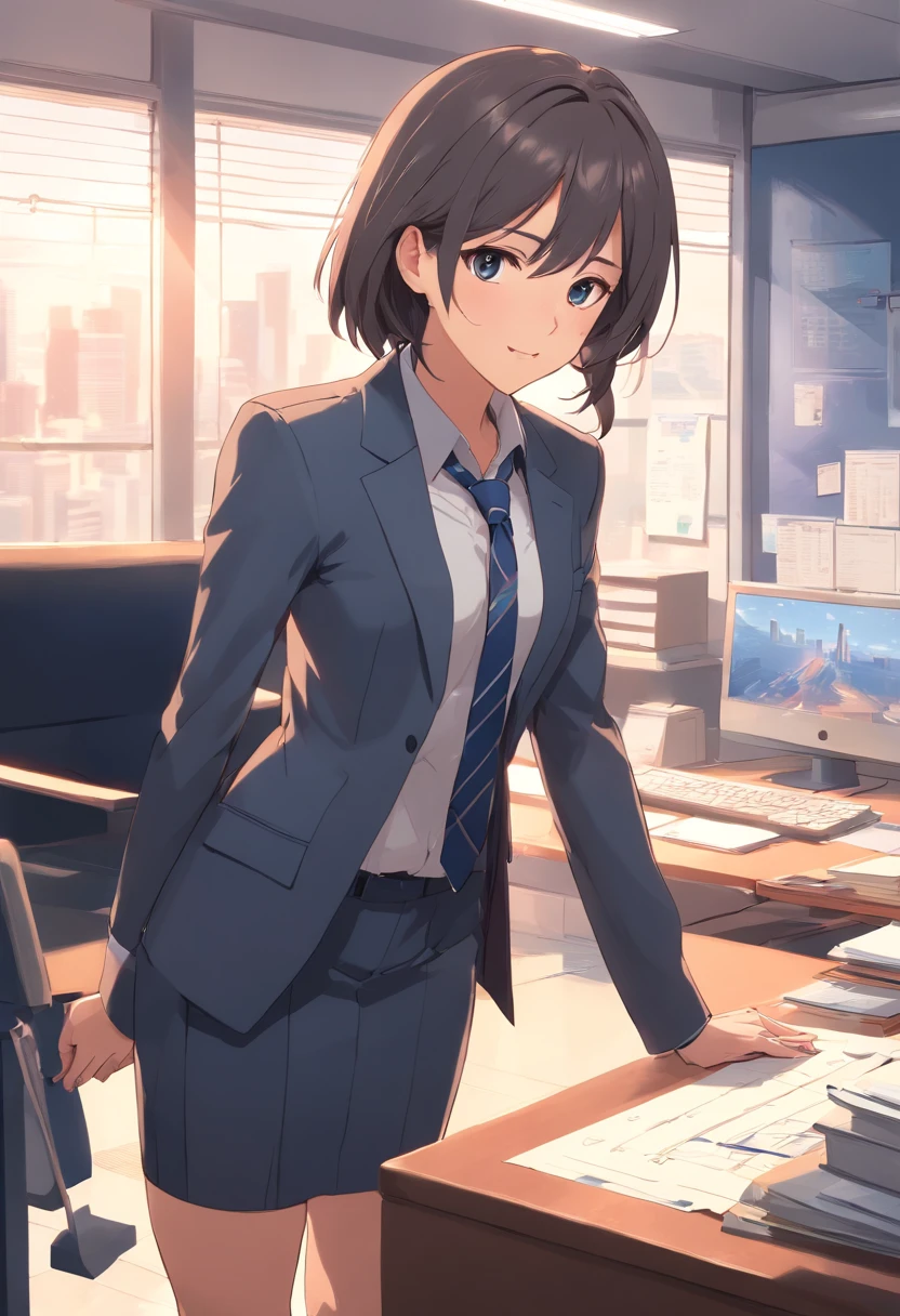 rosalia, expecting, office uniform, tie, Dark gray jacket,In making plans,Customize the plan,
