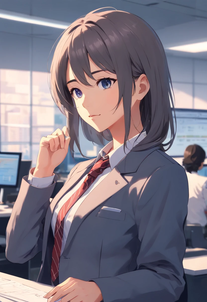 rosalia, expecting, office uniform, tie, Dark gray jacket,In making plans,Customize the plan,
