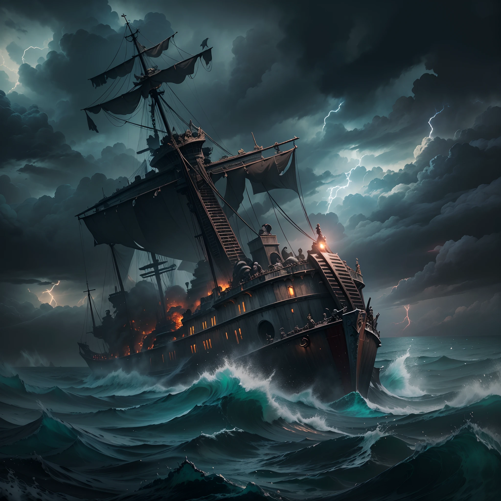 (Colossal Leviathan of the Deep, post-apocalyptic world, Deep and dark ocean, buques, Hombres que luchan, destruction everywhere),(La mejor calidad, 4k, Altas Resoluciones, ultra detallado, realista:1.37), Dramatic lighting, sombras ominosas, haunting atmosphere, mares tormentosos, Decaying ruins, monstruosas criaturas marinas, Epic battle scenes, Los supervivientes se aferran a los escombros, Lucha desesperada por la supervivencia, poderosas olas rompiendo contra los barcos, Debris floating on the surface of the ocean, Apocalyptic sky, Debris swirling in the water, Chaos and despair, Hauntingly beautiful aesthetics, film-like composition, intense and chaotic energy, colores vibrantes que contrastan con el ambiente oscuro, Stormy clouds and lightning illuminating the scene, Mystical aura surrounding Leviathan, olas masivas rompiendo contra los buques de guerra, Immensity and immensity of the ocean, Silencio espeluznante interrumpido solo por los sonidos de la batalla, Emociones de miedo, determination, y el coraje representado en los rostros de los combatientes, Epic scale and grandeur of the scene, Dynamic, action-packed storytelling, Sense of hopelessness and inevitable doom, A world on the brink of destruction.