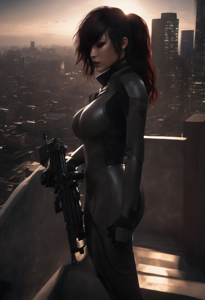 (mastrepiece:1.2,best quality,ultra detailed,powerful backlight:1.3,silhouette:1.45),, , //character, 1 solo Female mercenary,Ghost in the Shell kusanagi motoko,One eye glowing red:1.2,Facial expression Murderous look,Looking down on the city.black lether tight suit:1.2, hand holding an huge anti-tank rifle (Winchester Williams .50),Standing Pose,(looking up angle:1.35), , //back ground, in Rooftop of a building at night back ground:1.2,,8k,unrealengine5.unity.octanerender