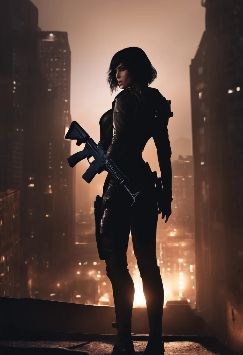(mastrepiece:1.2,best quality,ultra detailed,powerful backlight:1.3,silhouette:1.45),, , //character, 1 solo Female mercenary,Ghost in the Shell kusanagi motoko,One eye glowing red:1.2,Facial expression Murderous look,Looking down on the city.black lether tight suit:1.2, hand holding an huge anti-tank rifle (Winchester Williams .50),Standing Pose,(looking up angle:1.35), , //back ground, in Rooftop of a building at night back ground:1.2,,8k,unrealengine5.unity.octanerender