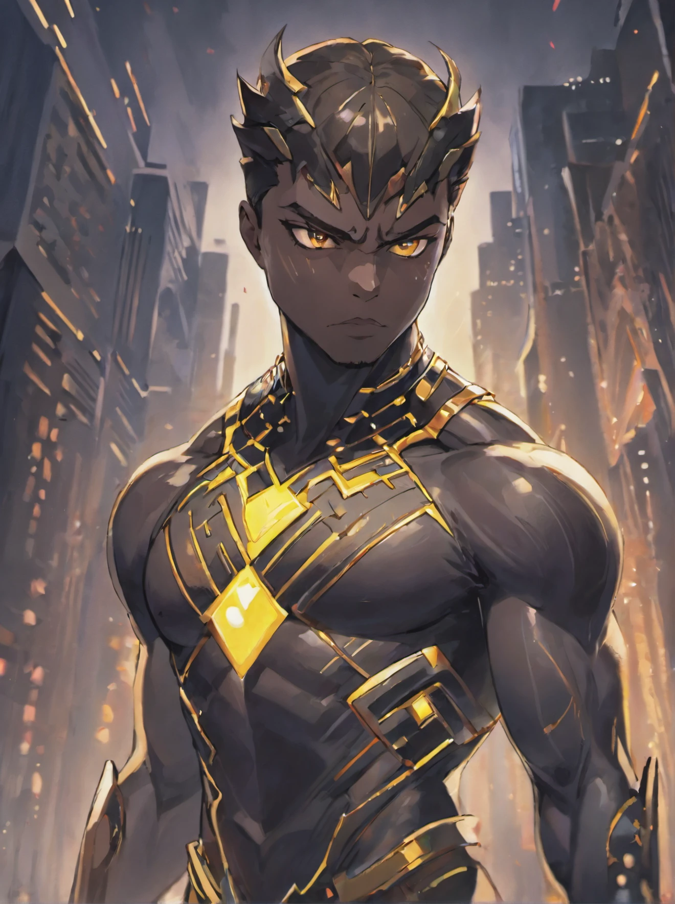 best quality,ultra-detailed,realistic:1.37,marvel black panther,portrait,black panther,king of wakanda,african warrior,golden vibranium suit,sharp claws,ferocious expression,striking black fur,eyes glowing with power,regal posture,nighttime cityscape backdrop,lit by streetlights,dramatic shadows,neon accents,stormy clouds in the background,vibrant colors,blue and purple tones,hint of technological elements,portrayed in a heroic stance,confident and commanding presence,highly detailed musculature,emphasizing strength and agility,background reminiscent of the kingdom of Wakanda,advanced technology and futuristic architecture,striking visual contrast between the dark and the vibrant.