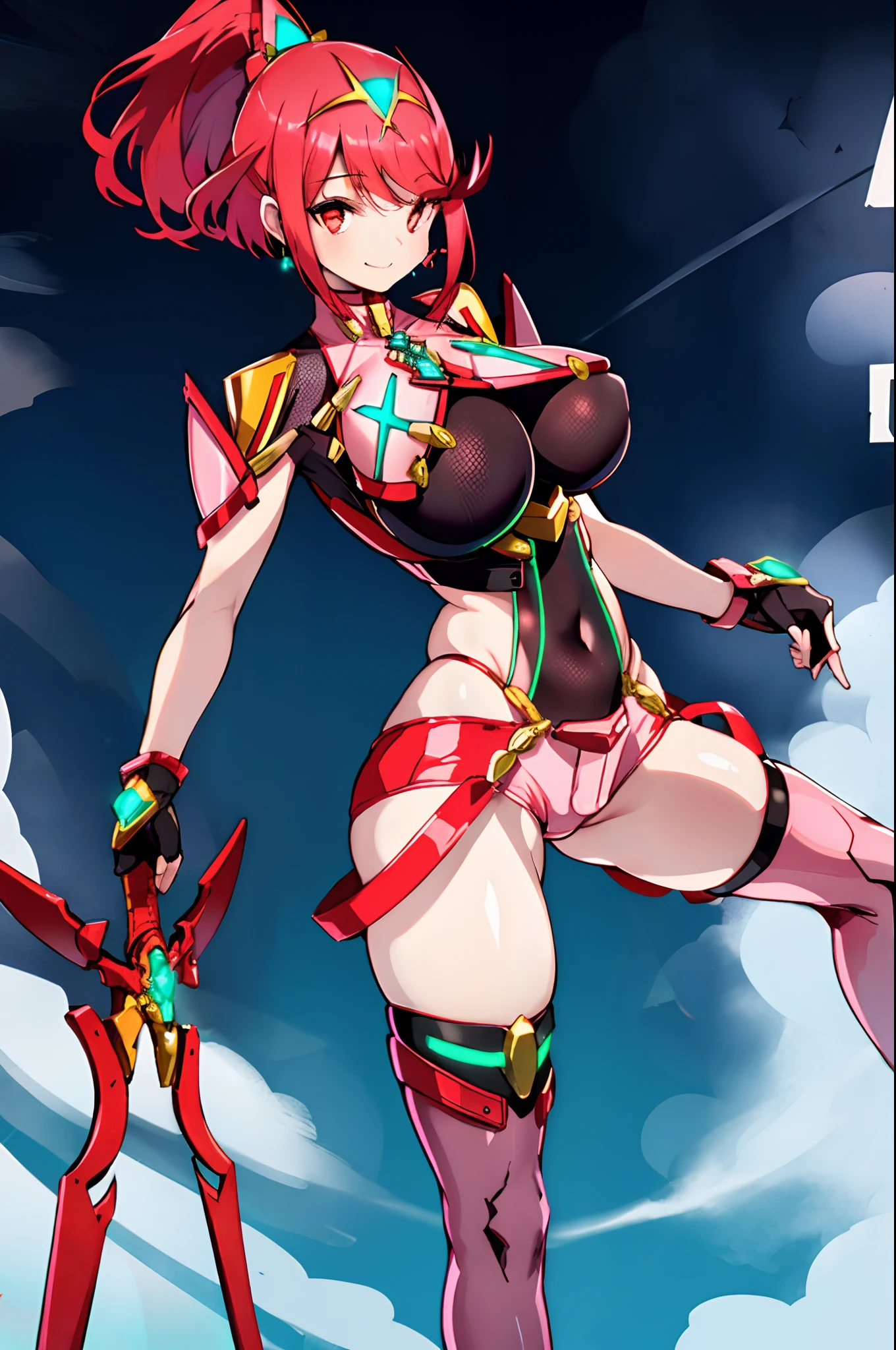 pyra \(xenoblade\), _1girl, lolibangs, black gloves, breasts, red eyes, shout, earrings, eyelashes, fingerless gloves, floating hair, , gem, gloves, hair ornament, headpiece, jewelry, gigantic_breasts, leaning back, swimsuit, neon trim, official art, pose, red hair, saitou masatsugu, short hair, sidelocks, skin tight, solo, swept bangs, thighhighs, tiara, fantasy_town_background, underbust, xenoblade chronicles \(series\), (xenoblade chronicles 2), (spread_legs:1.1), fire_effect,dynamic_pose,fighting,light_smile, (plump:1.1), big_ass,huge_sword, hold_large_sword_hilt, covered_nipples, covered_pussy, fists,ponytail,beautiful_fingers,(solo:1.1), bare_shoulder,(shoulder_naked:1.2), nipple_jewel,back, back_view, focus_ass,ass, (very_short＿shorts:1.3),(lise_leg:1.3)