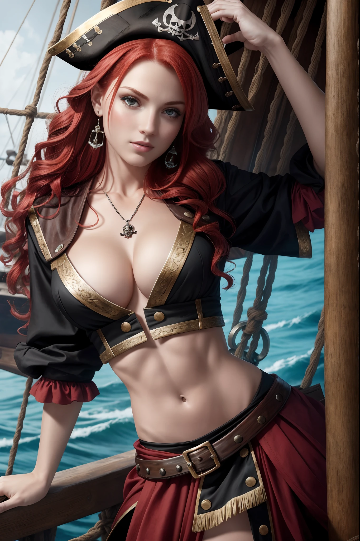 Gorgeous pirate girl on a pirate ship at sea, red hair, oily skin, sexy masterpiece, best quality, highest quality, high definition, highly detailed, 8K, athletic and fit body, naughty, perfect hands, detailed hands, perfect eyes, detailed eyes, flirty, sexy, realistic, HDR, UHD, dynamic, cleavage