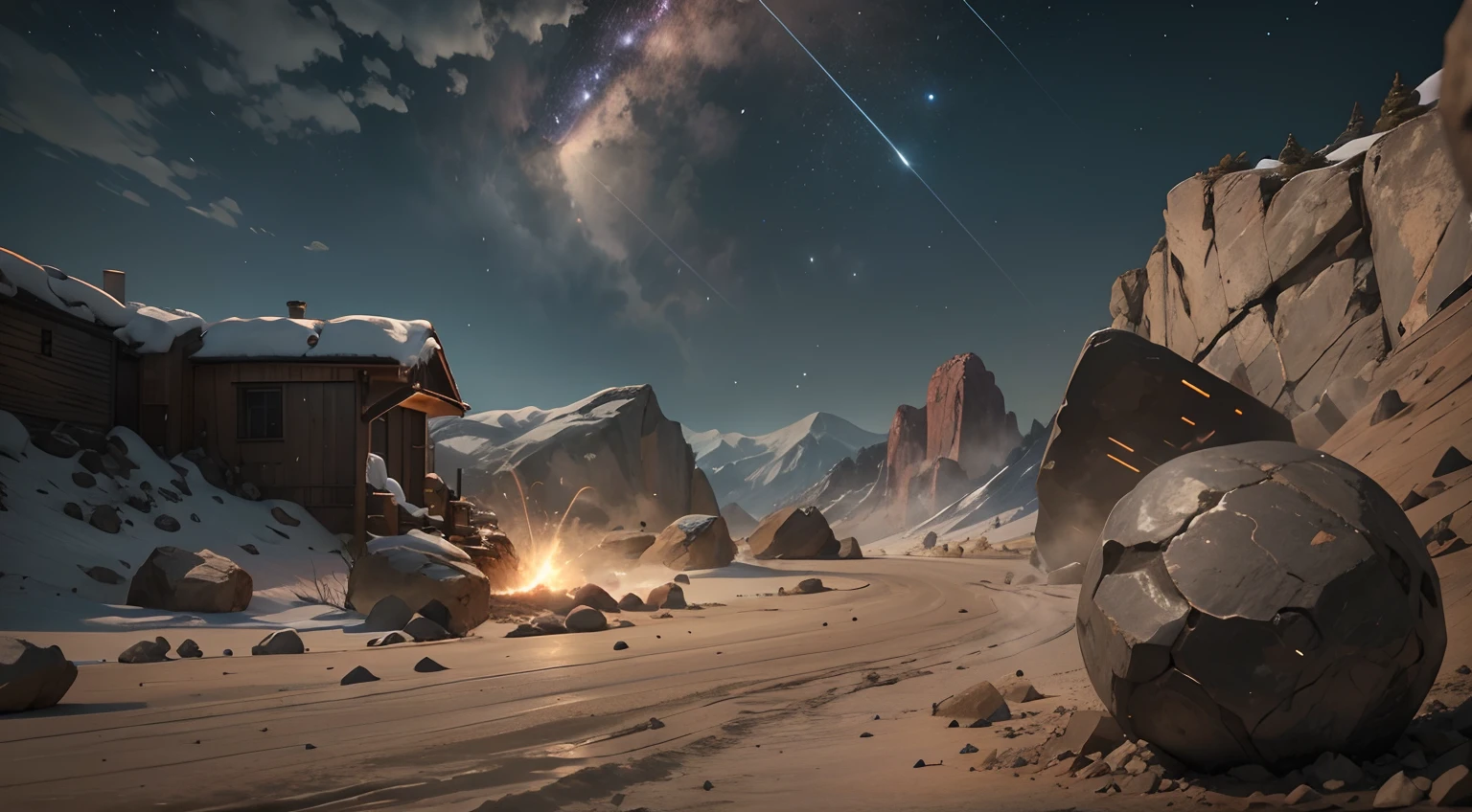Shock resistant, falling rocks on ground, meteor falling from sky, 8K, ultra realistic, meteor hit, wide shot, POV