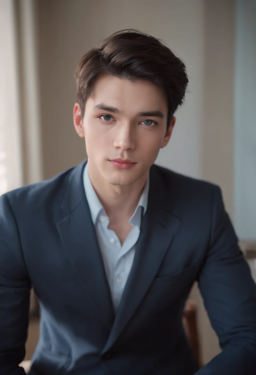 Masterpiece, High quality, Best quality, Beautiful, HD, Realistic, Perfect lighting, Detailed face, Detailed body, 1 man, Black hair, Blue eyes, Masculinity, Suit school uniform, (Dull expression: 1.5) (Face natural: 1.5), Sitting in the classroom