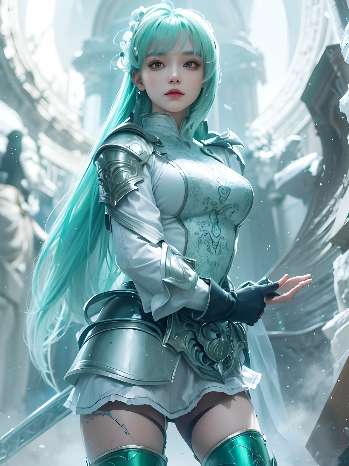 ((Masterpiece, Highest quality)), Detailed face, CharacterDesignSheet, full bodyesbian, Full of details, Multiple poses and expressions, Highly detailed, Depth, Many parts,Beautiful paladin girl,Holding a shield,Extremely beautiful,High Balance, Natural light, Lace,lacepantyhose,starrysky,Green hair,hentail realism, shadowing,character sheets, reference sheet, Standing painting, 8K, Super detail, 1080p, Women's HD,Slim,femele, 16k, A high resolution, Best quality, High quality, Anatomically correct, Masterpiece, ccurate, hyper HD,As graceful as a swan,unreal-engine, Ghibli-like colors, anime big breast, Standing painting, angle of view,Yarn skirt,ssee-through