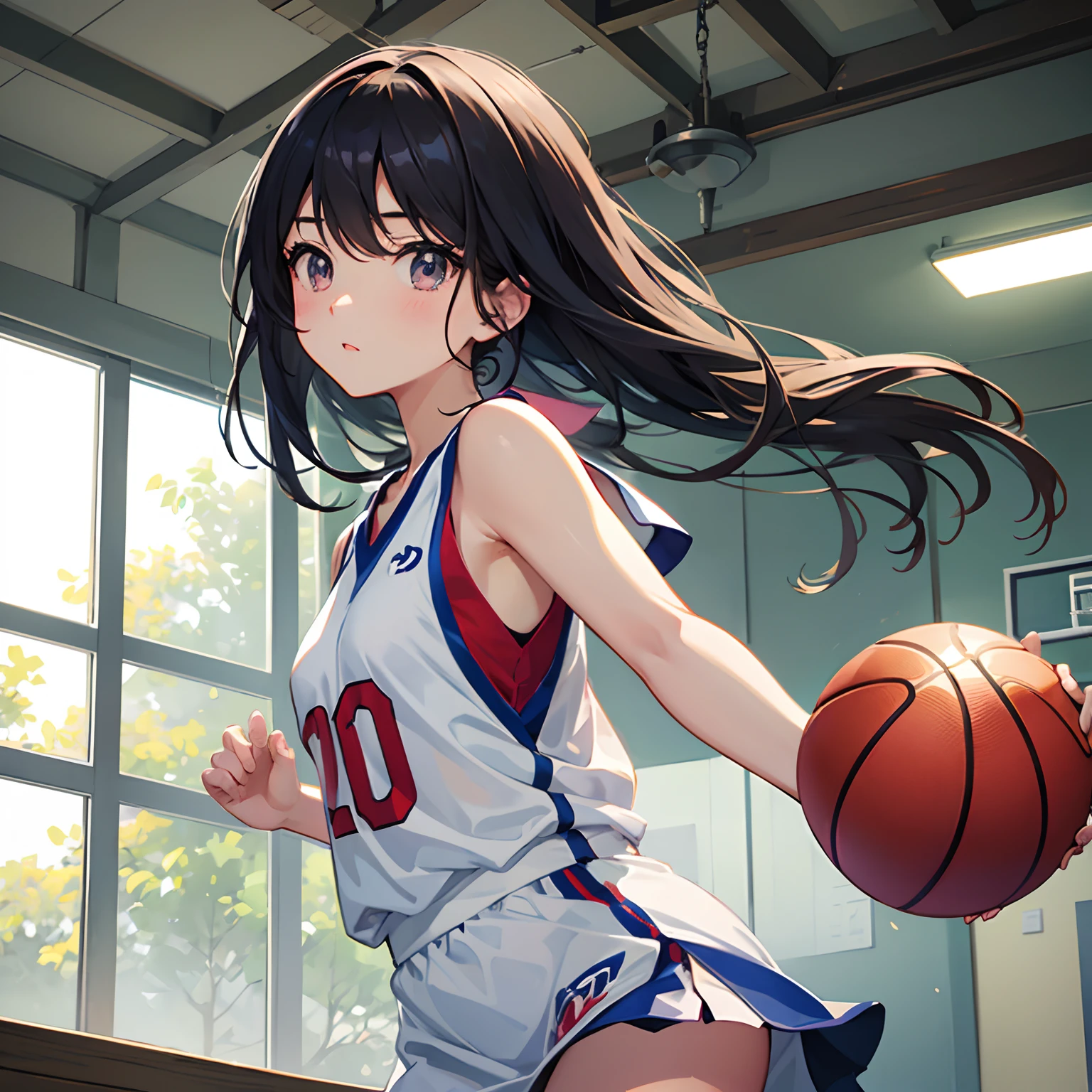 Beautiful illustration、top-quality、girl with、Tied hair、playing basketball、Gymnasium、(((Delicat eyes)))