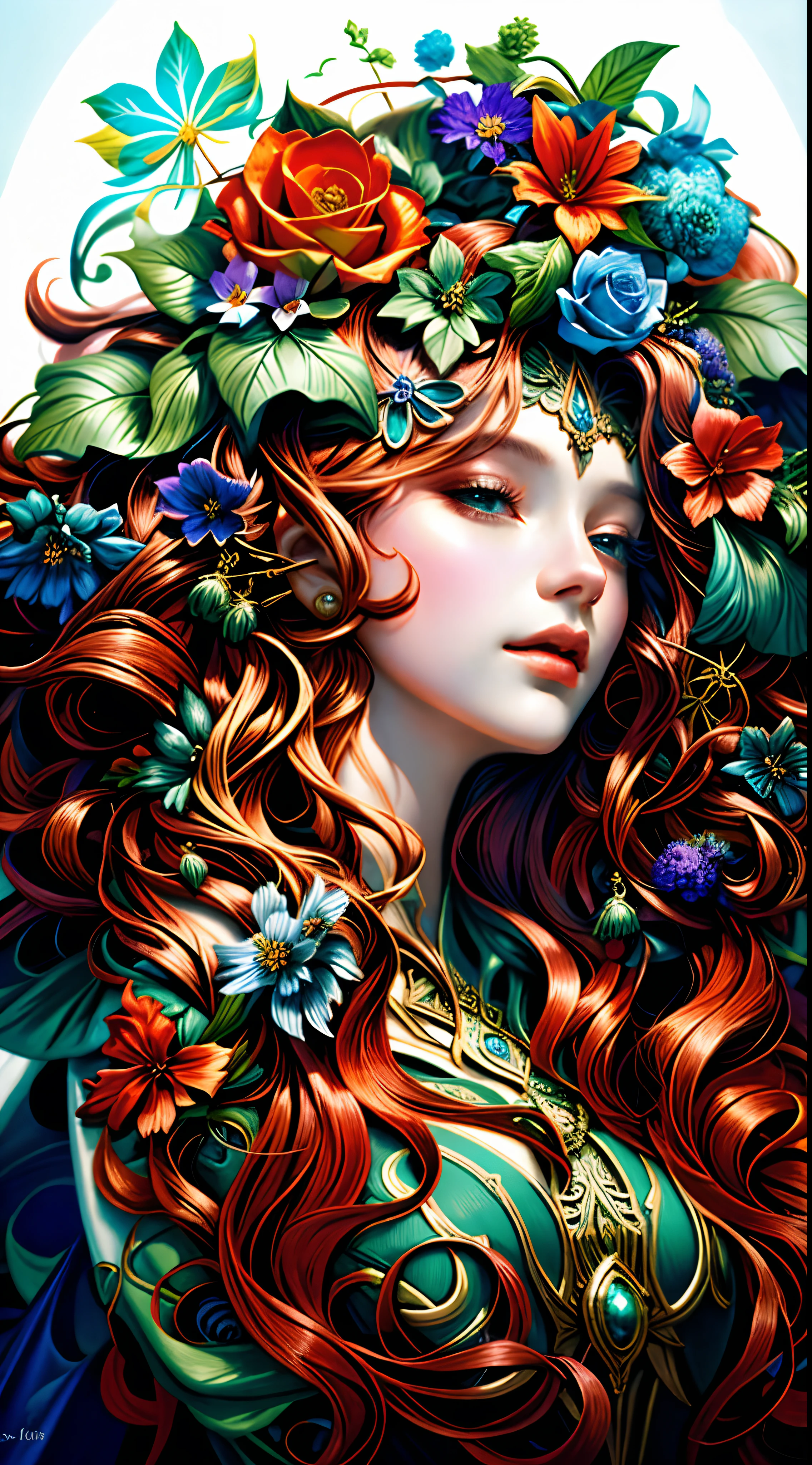 uma pintura de uma mulher com cabelos azuis e flores no cabelo, deusa flor, retrato bonito da arte da fantasia, arte estilo fantasia, retrato da arte da fantasia, 8k arte detalhada de alta qualidade, Art Nouveau hiperrealista, lindo arte digital, deusa. Detalhes extremamente altos, karol bak uhd, Arte bonita UHD 4K, arte do retrato da fantasia, exquisite digital illustration