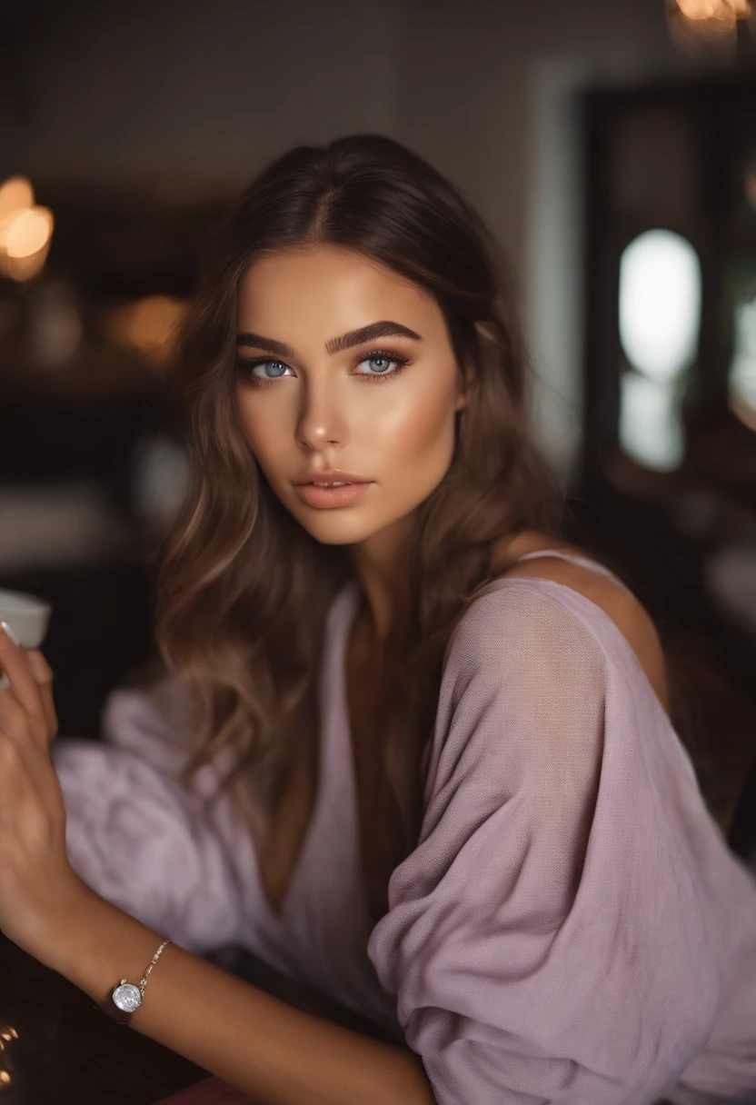 Femme arafed avec , fille sexy aux yeux bruns, Portrait Sophie Mudd, cheveux bruns et grands yeux, Selfie d'une jeune femme, Yeux de chambre, Violet Myers, sans maquillage, maquillage naturel, looking straight at camera, Visage avec Artgram, Maquillage subtil , in a cafe,