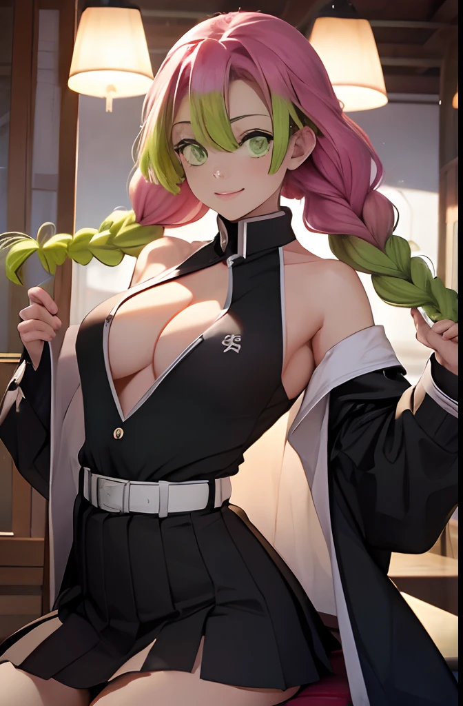 Mitsurikan Log, mitsuri kanroji, braid, Gradient Hair, (Green eyes:1.5), Green hair, Long hair, Mole, Mole under the eyes, multicolored hair, Pink hair, Twin braids, Two-tone hair, Brake belt, Black skirt, cleavage, coat, demon slayer uniform, haori, Komono, Long sleeves, Miniskirt, partially unbuttoned, Pleated skirt, Skirt, uniform, BREAK looking at viewer, Break indoors, BREAK (masutepiece:1.2), Best Quality, High resolution, Unity 8k壁纸, (Illustration:0.8), (Beautiful detailed eyes:1.6), extra detailed face, Perfect Lighting, extremely details CG, (Perfect hands, Perfect Anatomy),colourful hair, The whole body is reflected, (Off-the-shoulder costumes:1.5), ((chest wide open and exposed)), (Smile), Sitting on a chair, legs crossed, Hands behind the head, Showing the side