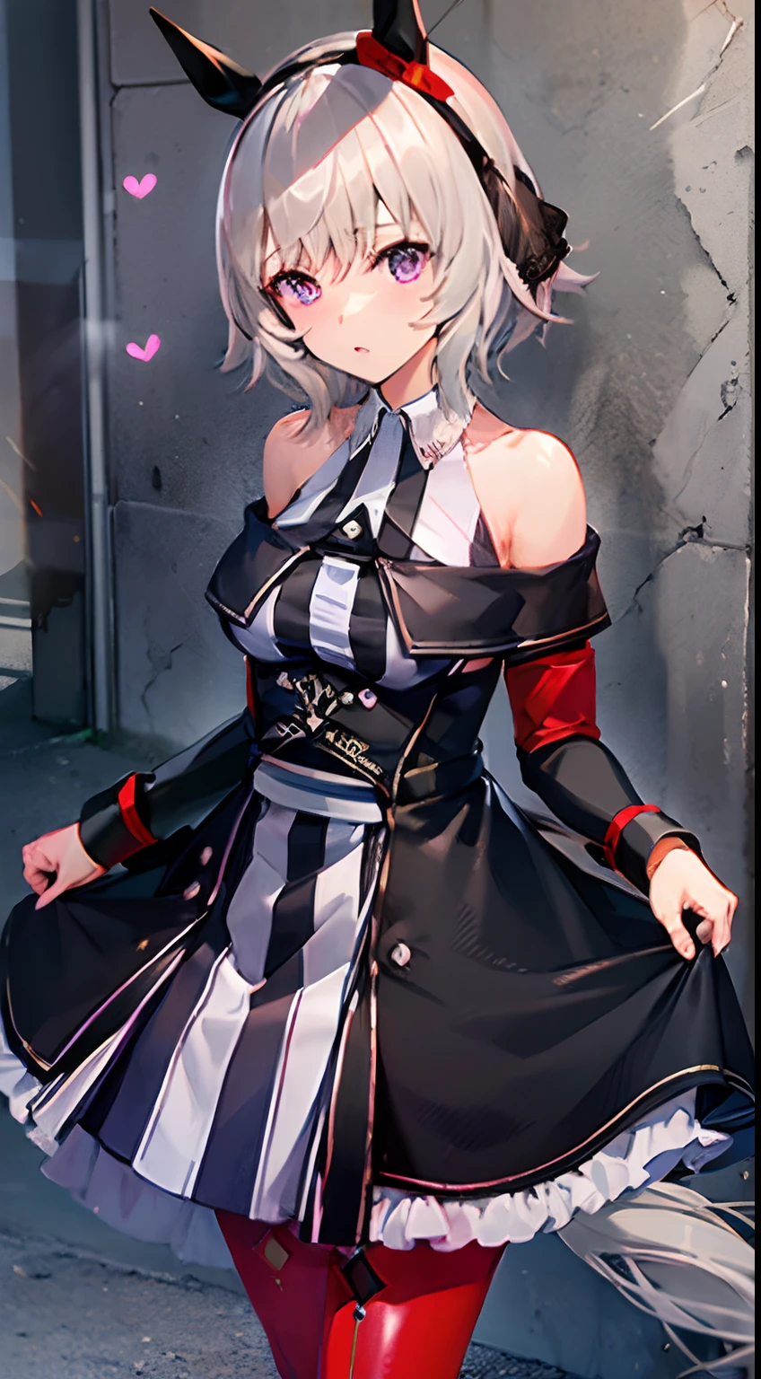 CurrenChan(Uma Musume),Creamy silver hair,short-hair,horse ear,Black horse ear coverings,Black headband,Red ribbon on left ear,Pink eyes,Sleeveless shirt with blue and white stripes,With collar,Off-shoulder black cloak,a black skirt,Red tights,Black boots