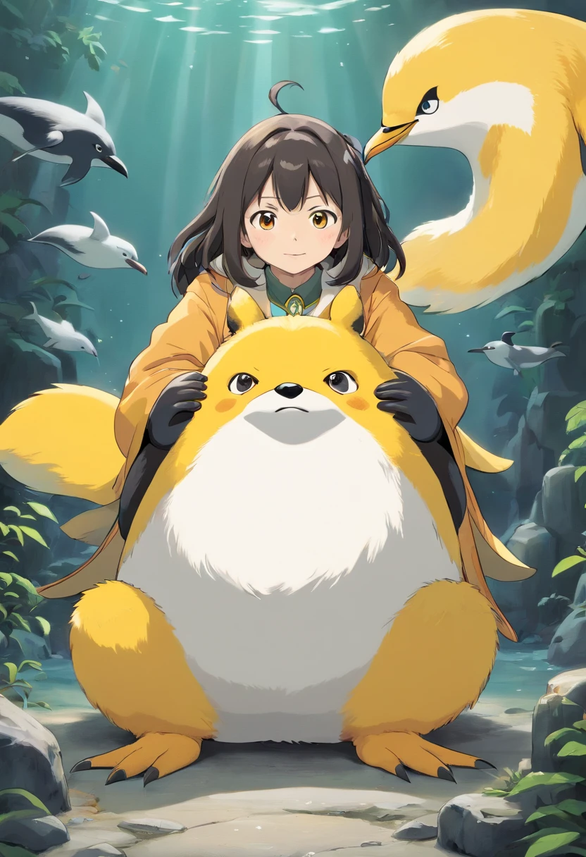 image of creature with penguin body and black and white husky head, pot belly, penguin tail, penguin legs and arms, yellow legs, comic style, crying face, prone