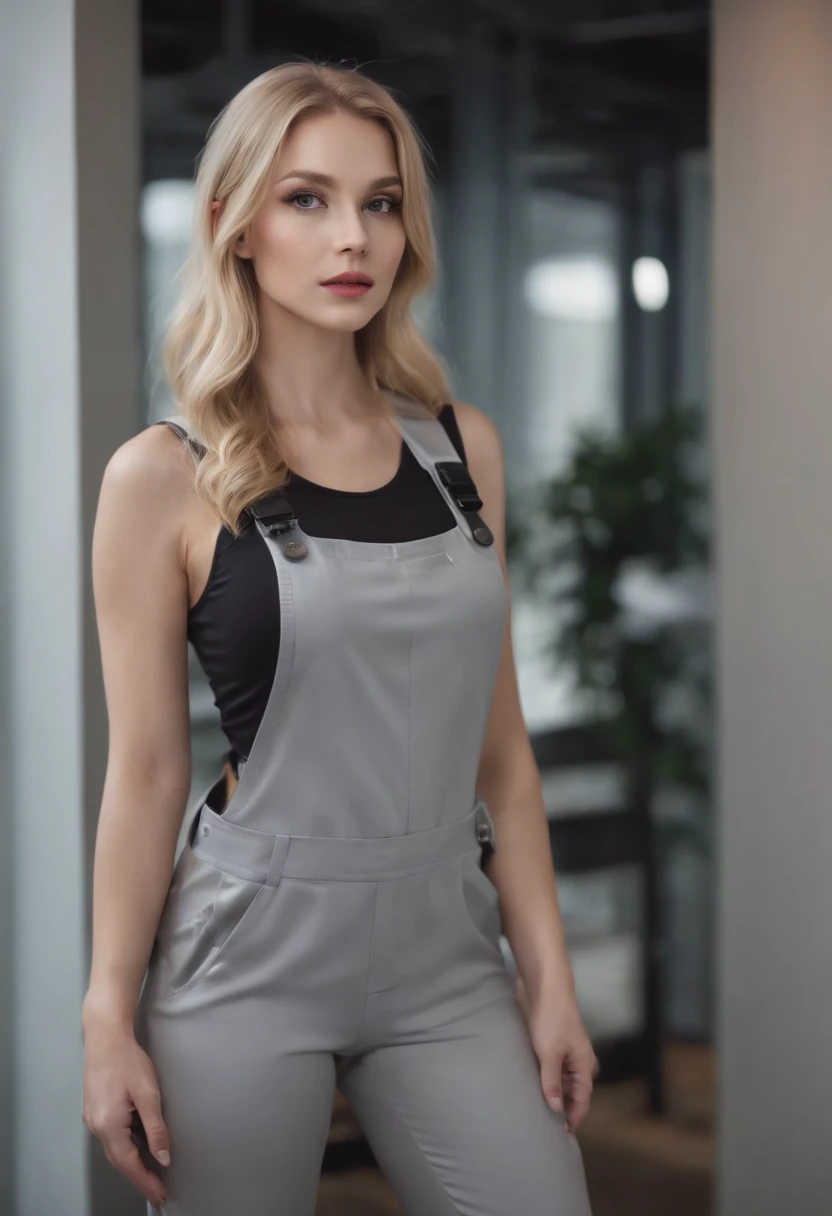 Workplace overalls,beautiful blonde girl,Wear a face shield,Long legs,black pantyhoses,high-heels