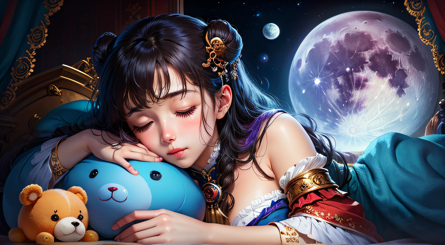 colorful、on badroom、kosmos、Big Moon、realistic、The girl is sleeping、Only one stuffed animal、超A high resolution