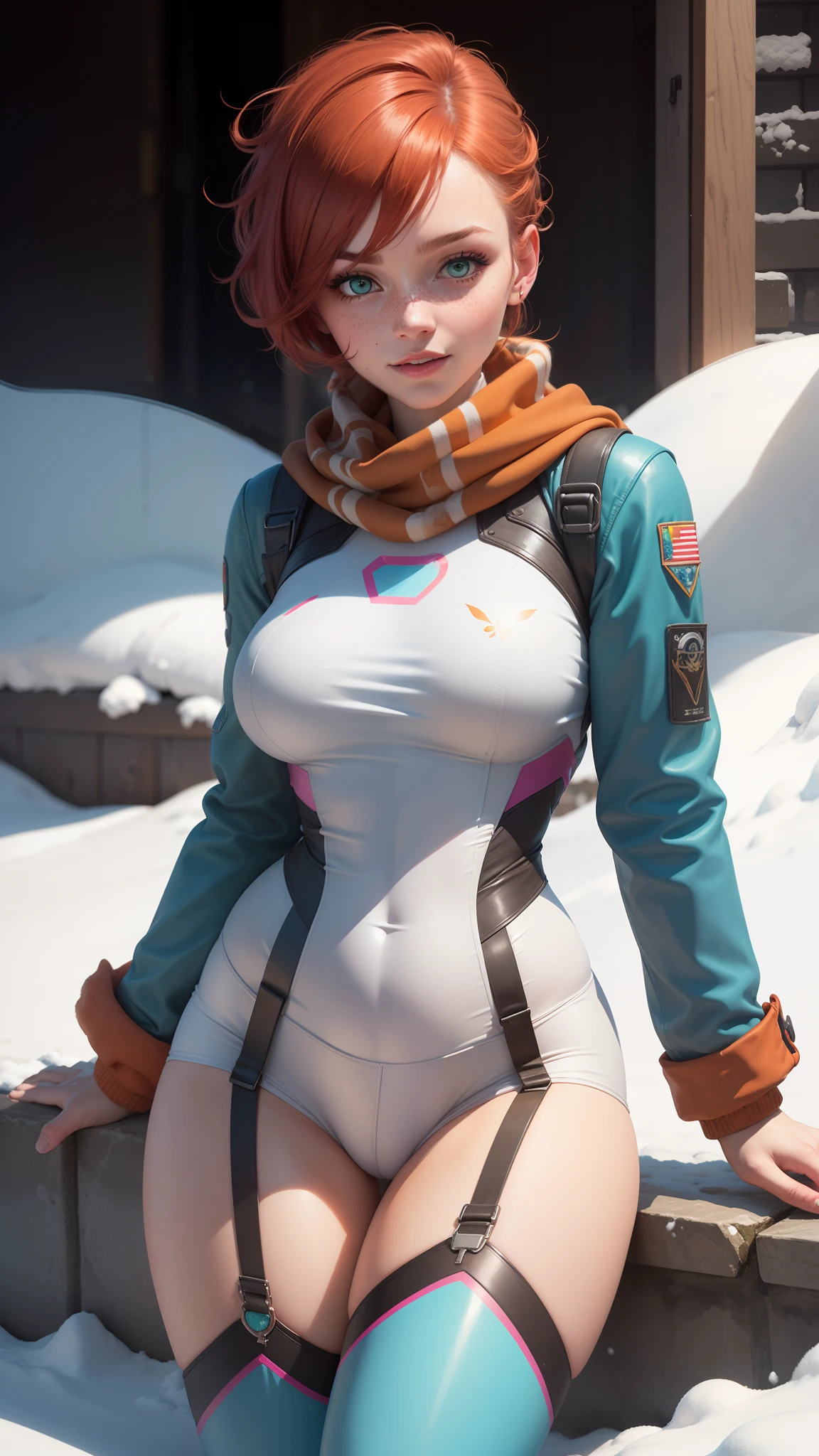 gwen tennyson,1girl,tracer,d.va,rebecca chambers,overwatch,gundam,close up,mecha pilot,winter village,orange and blue plugsuit,hair pin,pirate corset, white long sleeve lycra top,rose leggings,short hair,cute makeup,green eyes,orange and blue hair,shy smile, freckles,redhead,beautiful girl,large breasts,ultra detailed,realistic,fantasy art,military uniform,winter jacket,snow scarf,thigh high boots,garter belt,