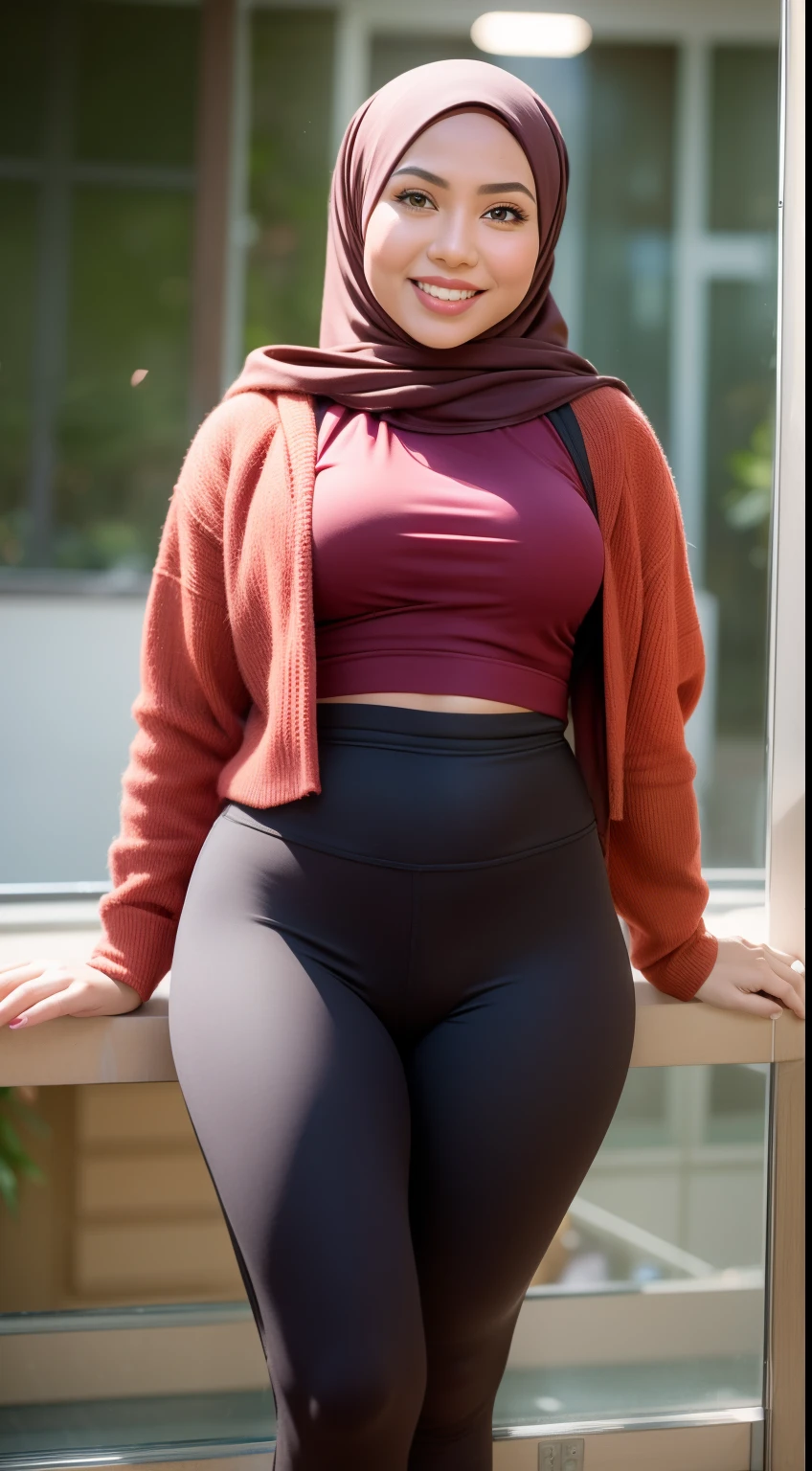 Malay girl in hijab wear big oversized loose hoodie and high waist leggings in gym, seating, wear back pack, front view, detail skin, detail skin texture, mole below eyes, small breast, big hip, big waist, big thigh, slim abs, beautiful body, evening, laughing, happy, bright lighting, blur background, bokeh,