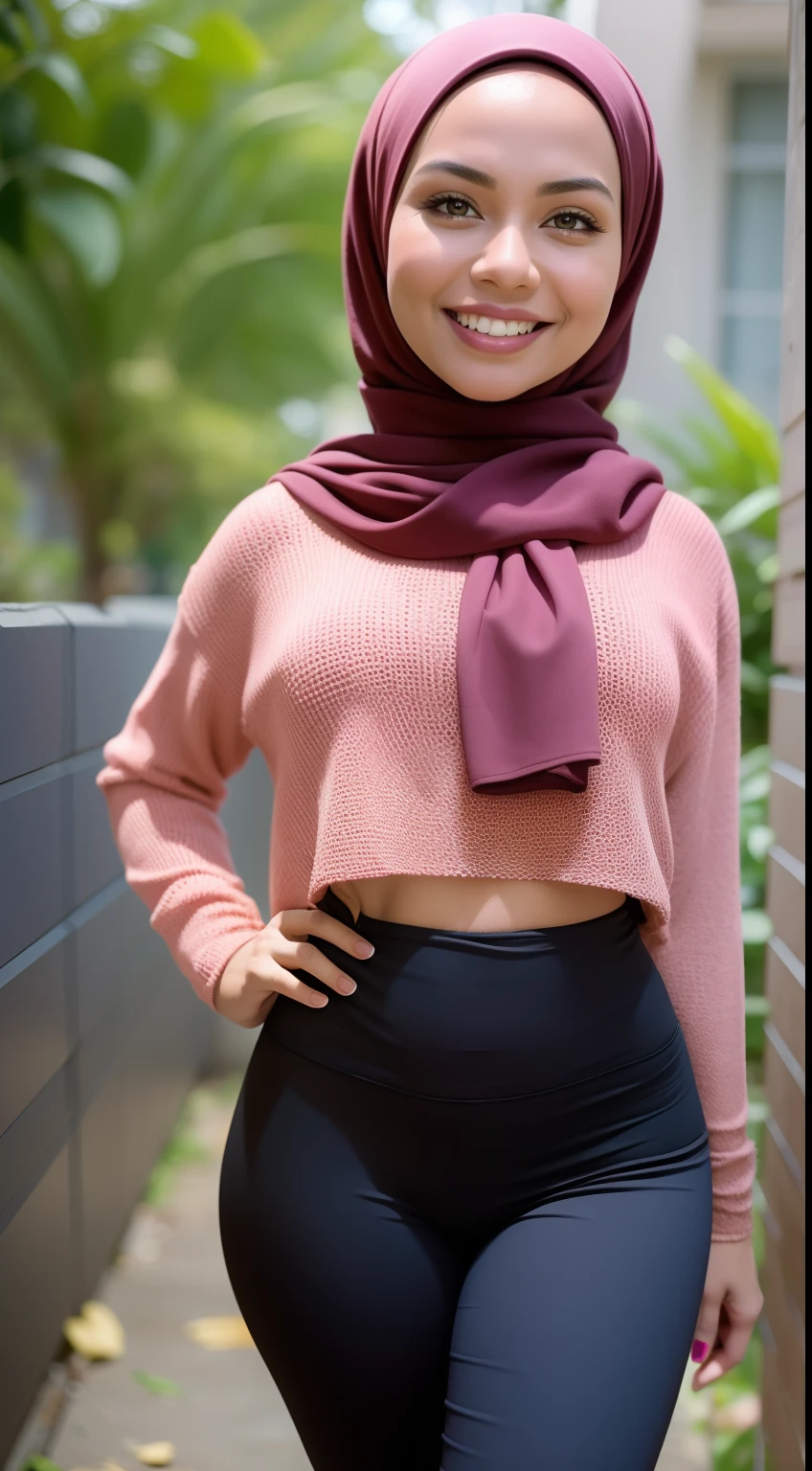 Malay girl in hijab wear big oversized loose hoodie and high waist leggings in gym, seating, wear back pack, front view, detail skin, detail skin texture, mole below eyes, small breast, big hip, big waist, big thigh, slim abs, beautiful body, evening, laughing, happy, bright lighting, blur background, bokeh,