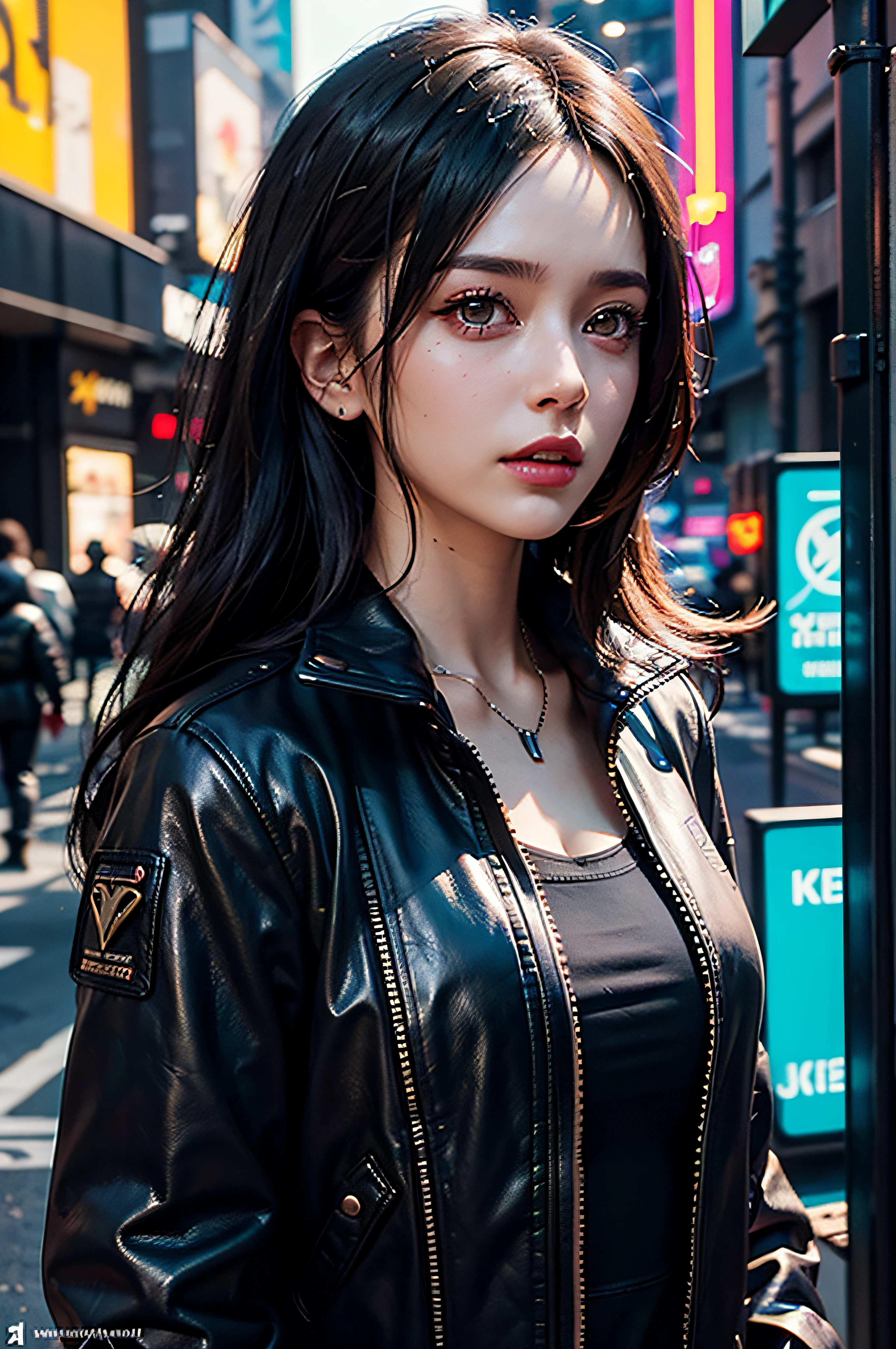 ((masterpiece, best quality, Highest image quality, high resolution, Reality, RAW photos, 8K)), Bustling future city night scene,Girl standing on the roof,Tight leather jacket,Off-shoulder,Large Breasts,Long hair,Pretty face,Closed mouth,dramatic,Upper Body,(midnight)