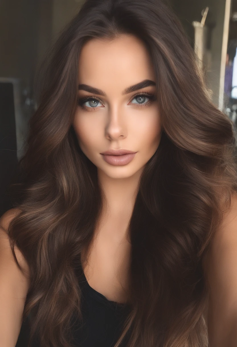 Femme brune , fille sexy aux yeux bruns, Portrait Sophie Mudd, cheveux bruns et grands yeux, Selfie d'une jeune femme, Yeux en amande, Violet Myers, sans maquillage, maquillage naturel, looking straight at camera, Visage avec Artgram, , in a cafe