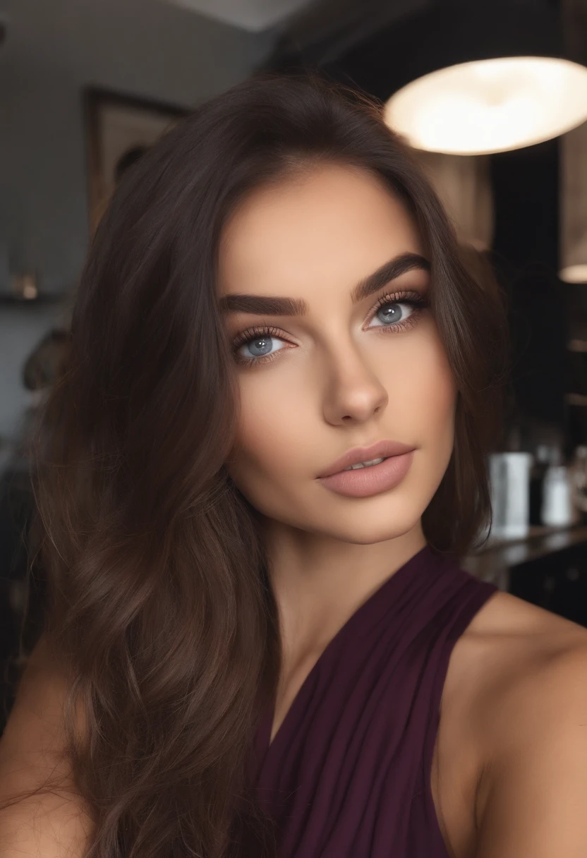 Femme brune , fille sexy aux yeux bruns, Portrait Sophie Mudd, cheveux bruns et grands yeux, Selfie d'une jeune femme, Yeux en amande, Violet Myers, sans maquillage, maquillage naturel, looking straight at camera, Visage avec Artgram, , in a cafe