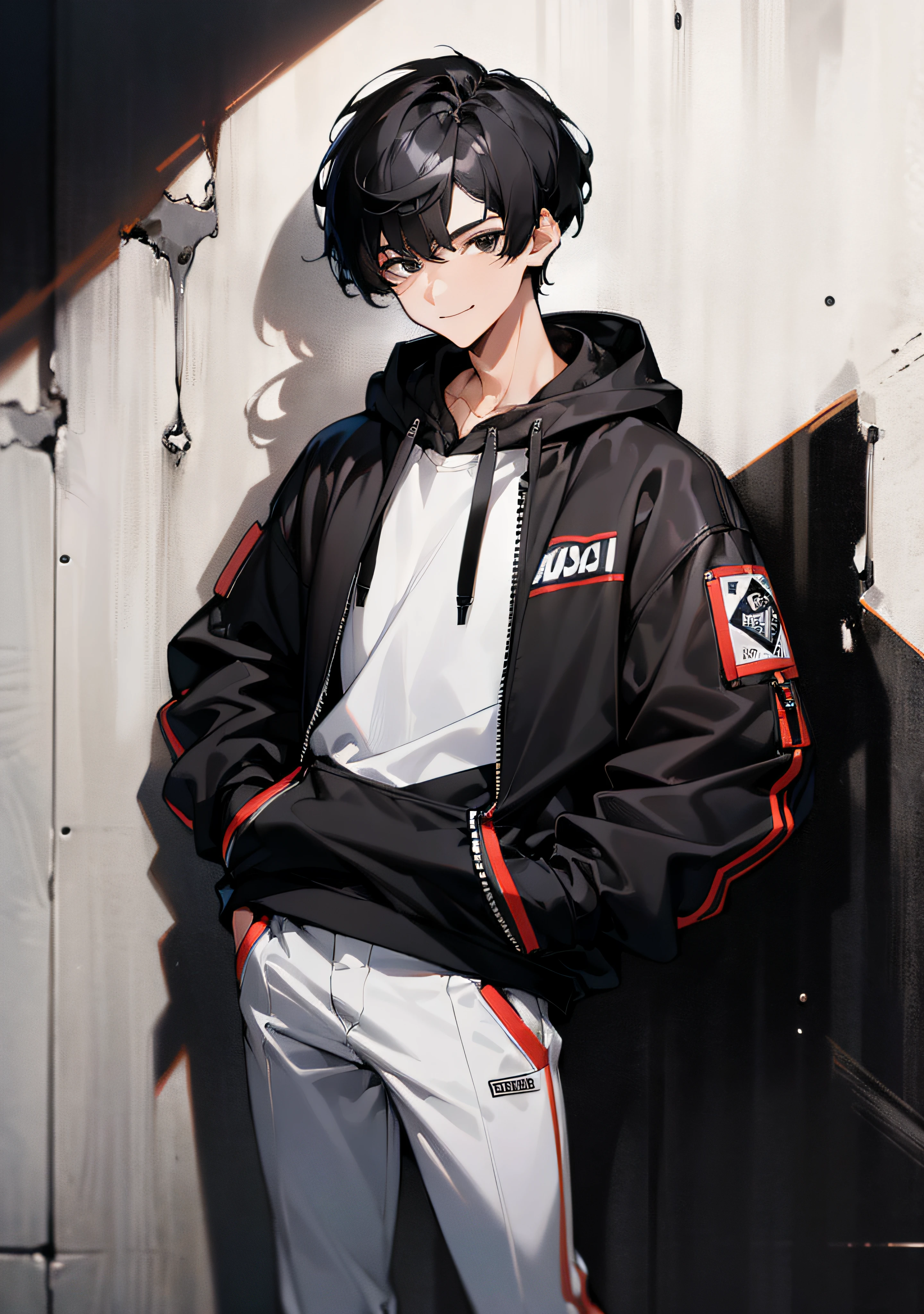 (masterpiece, best quality) ultra high res, ultrasharp, 8K, masterpiece, ultra high details, 1boy with black hair, looking at the viewer, sharp focus, standing against a wall, cool bangs, cute smile, early 20s, tall, mature jawline, black zipper hoodie, black eyes, stylish hairstyle, hands in pockets,