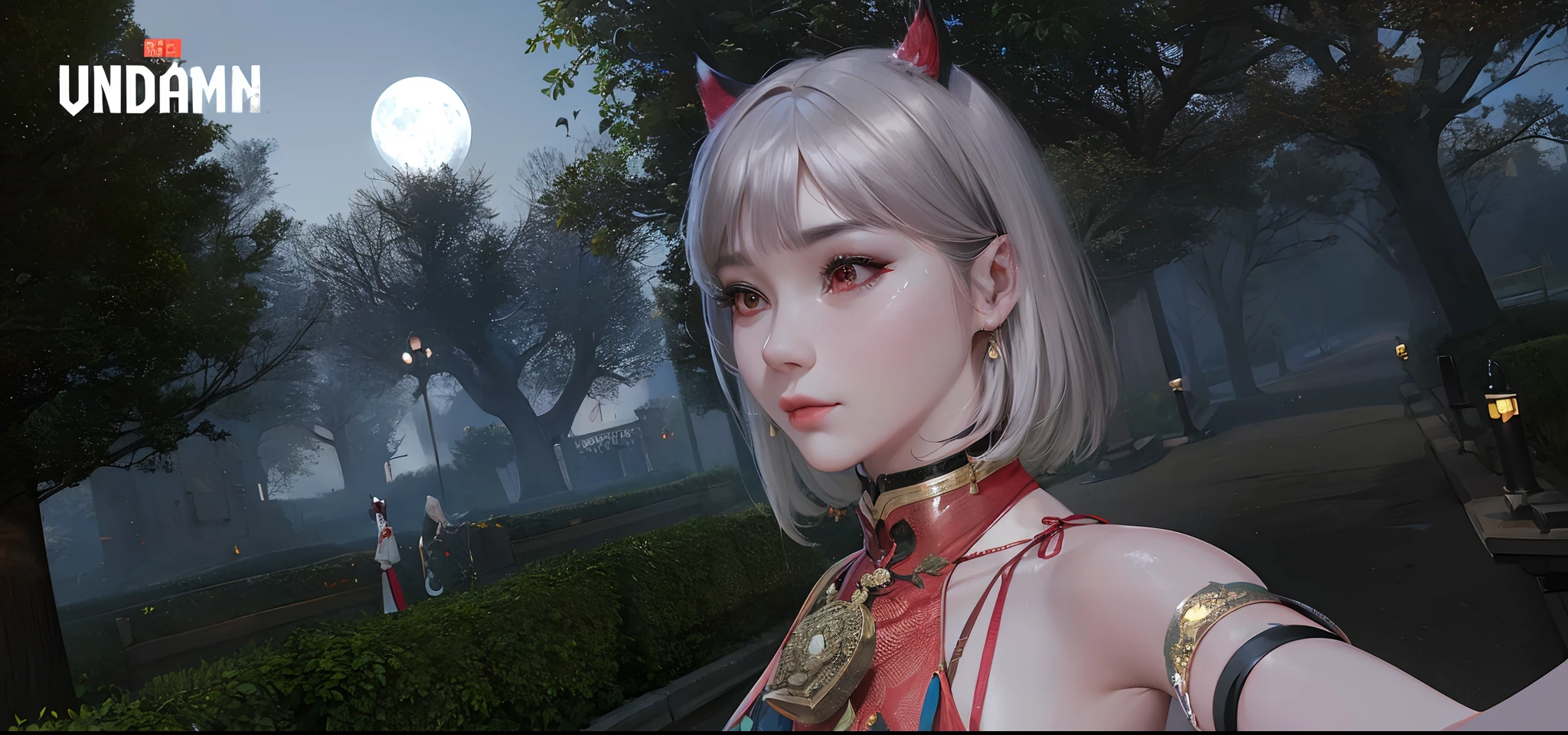 photorealistic, high resolution, 1women, solo, hips up, look at viewer, (detailed face), white hair, long hair, red playboy bunny outfit