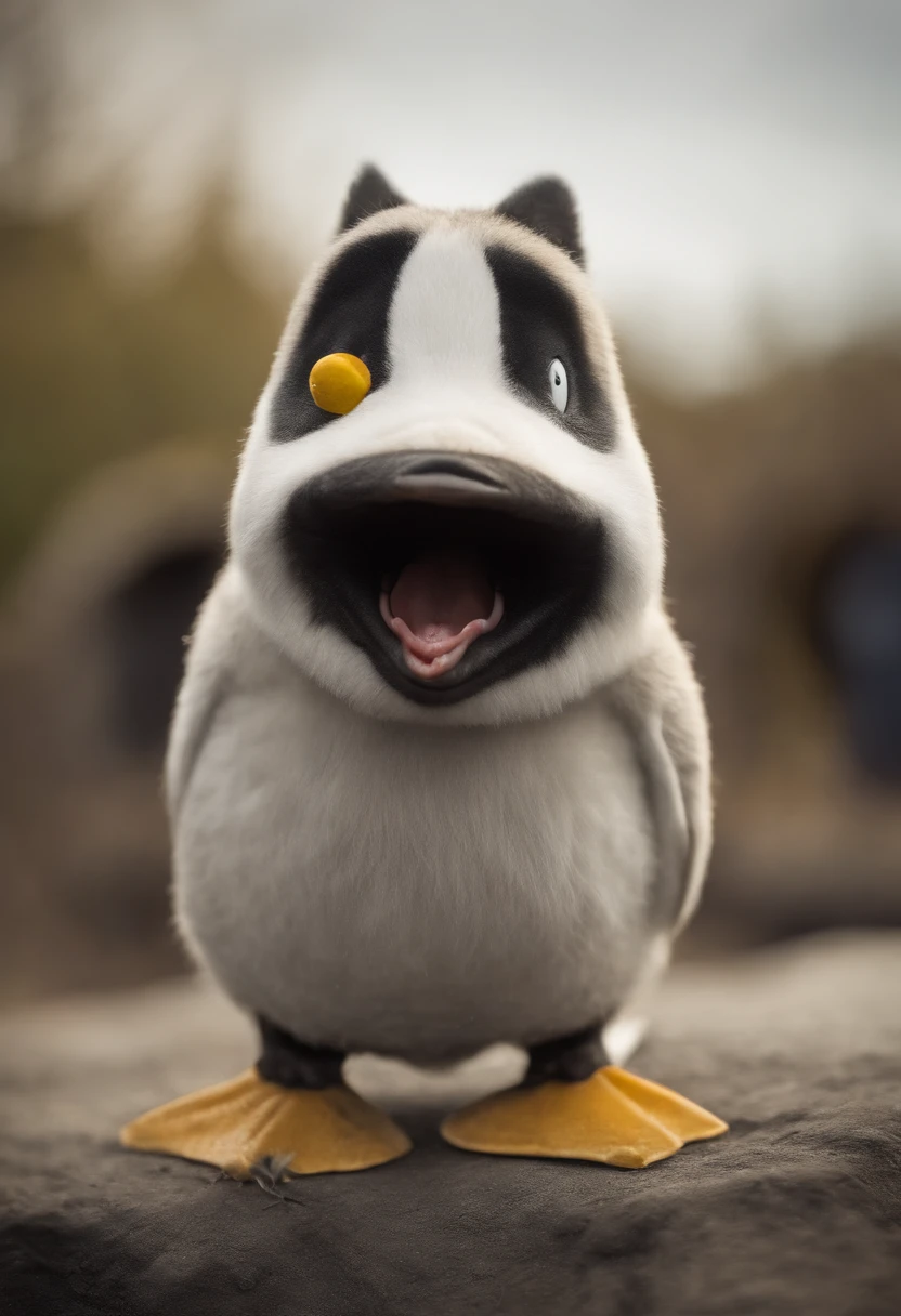image of creature with penguin body and black and white husky head, pot belly, husky nose, husky mouth, penguin tail, penguin legs and arms, yellow legs, comic style, crying face, prone, cute, standing