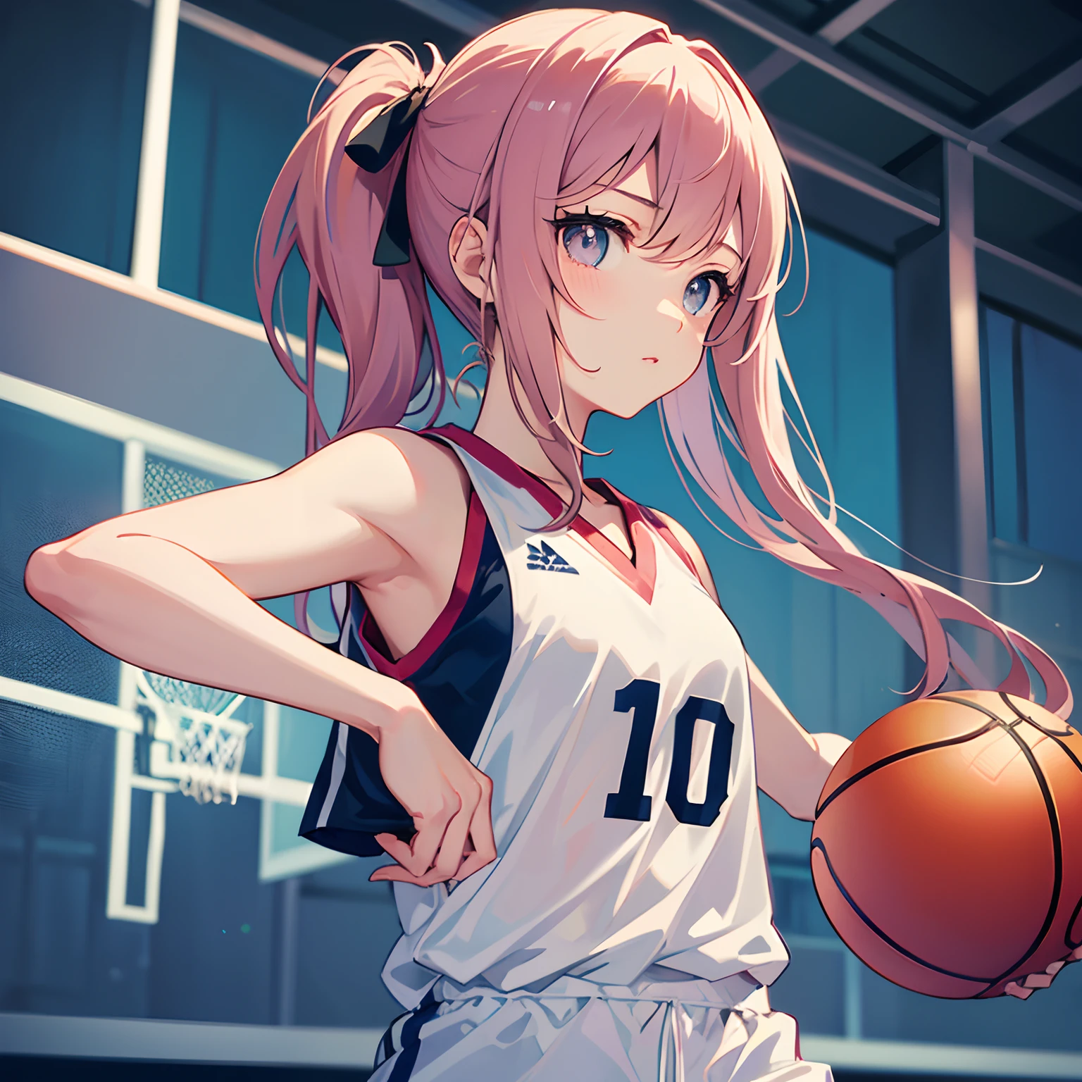 Beautiful illustration、top-quality、girl with、Tied hair、Playing Basketball、Gymnasium、Serious face、(((Delicat eyes)))